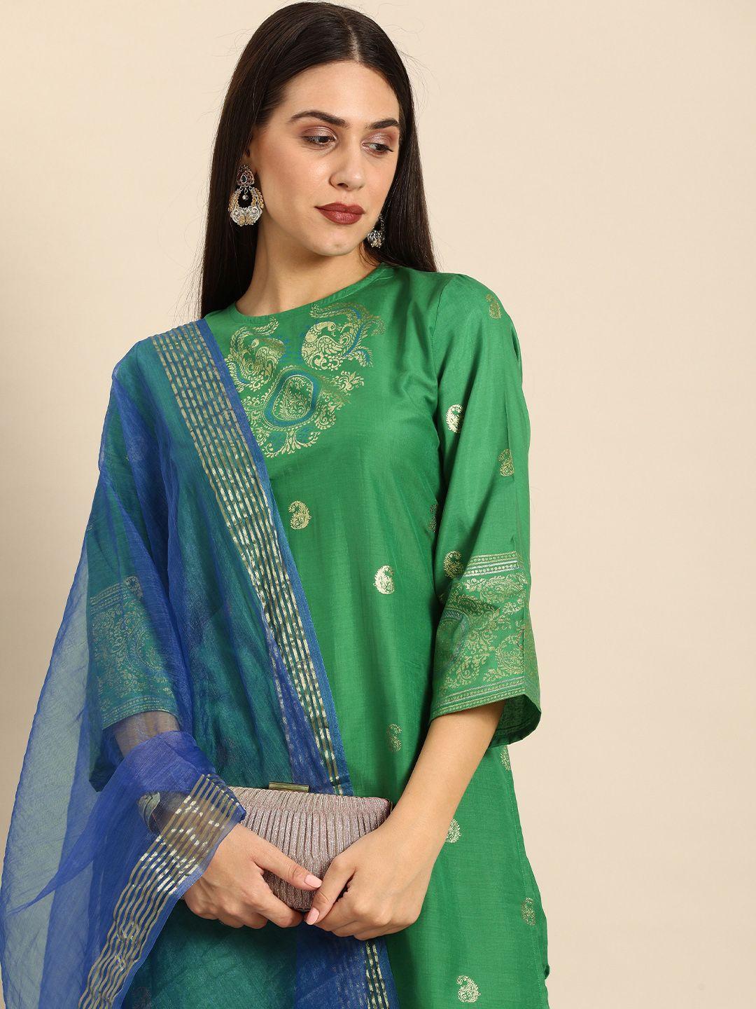 anouk women green & golden paisley foil printed kurta with trousers & dupatta