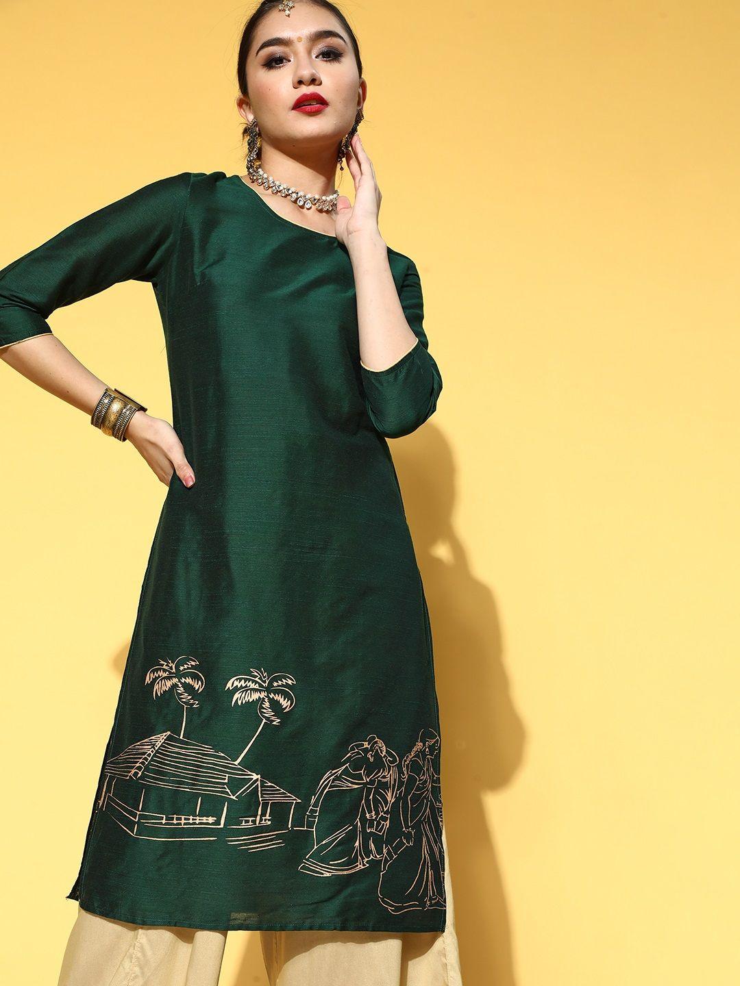 anouk women green & golden quirky printed straight festive kurta