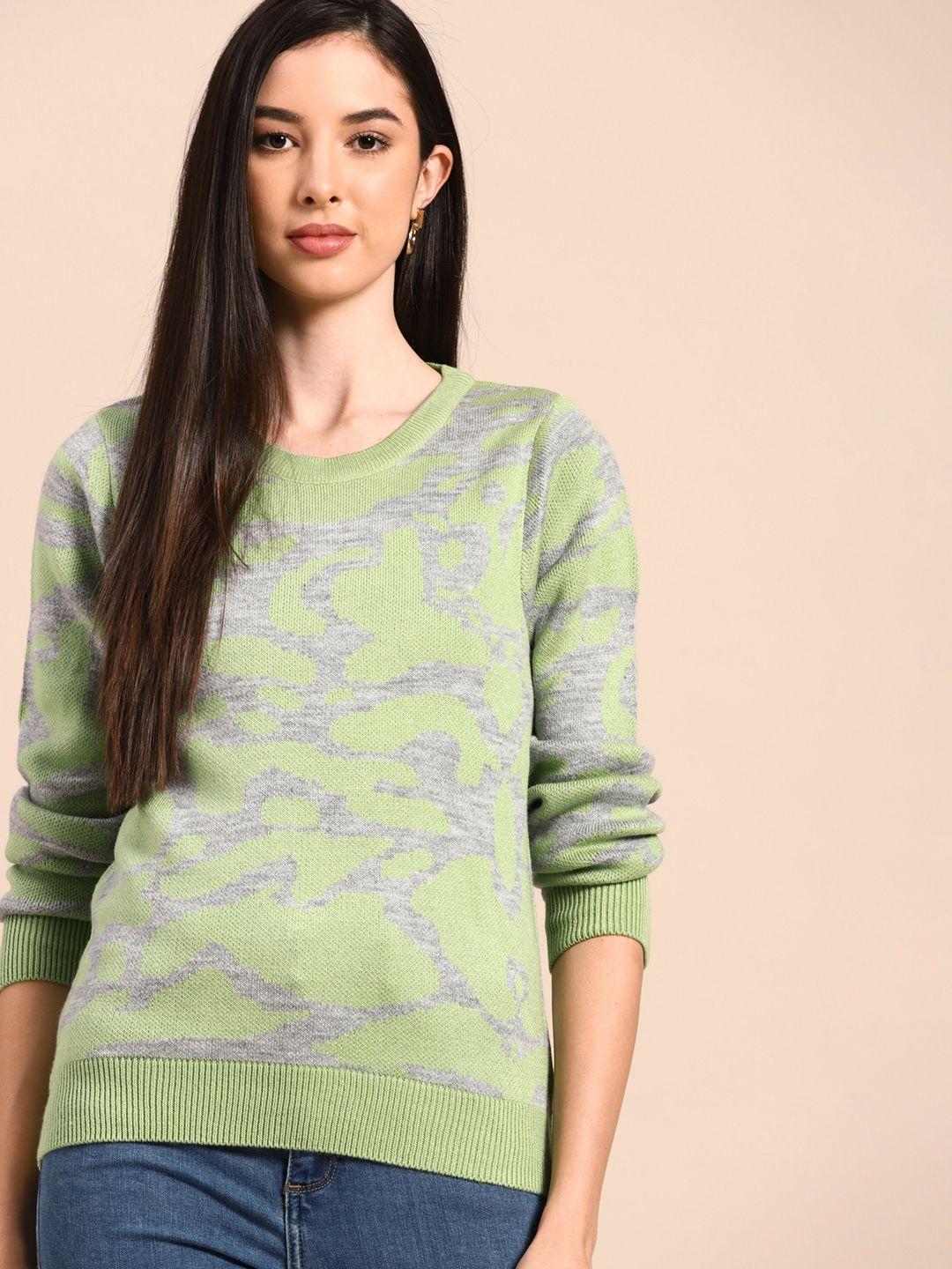 anouk women green & grey melange self-design pullover