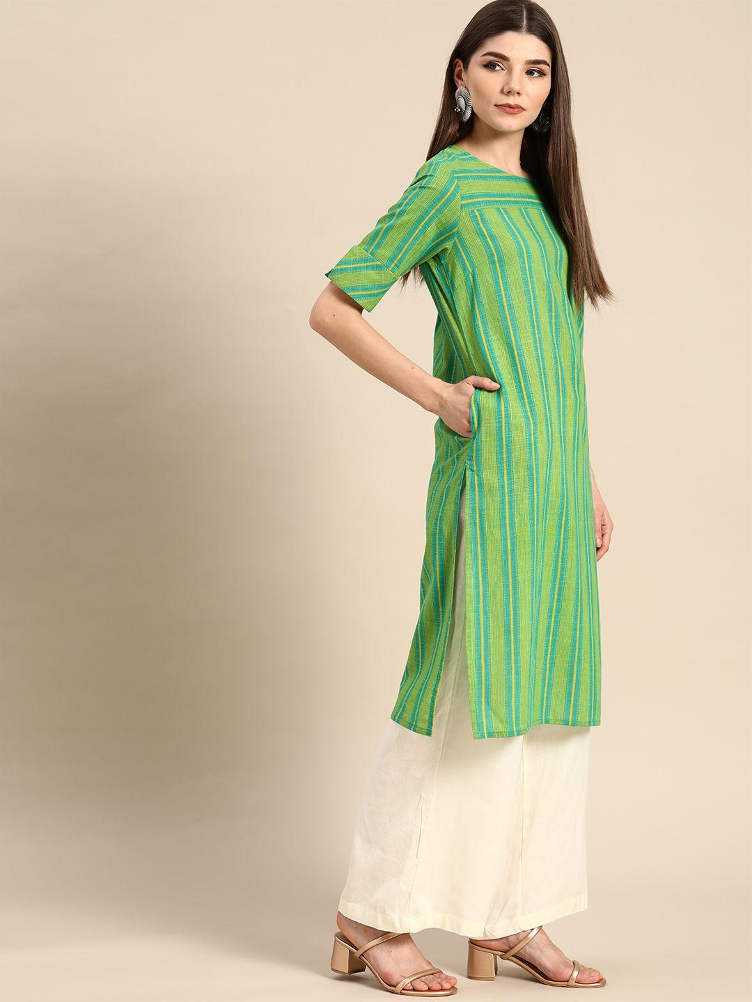 anouk women green & mustard yellow pure cotton striped kurta