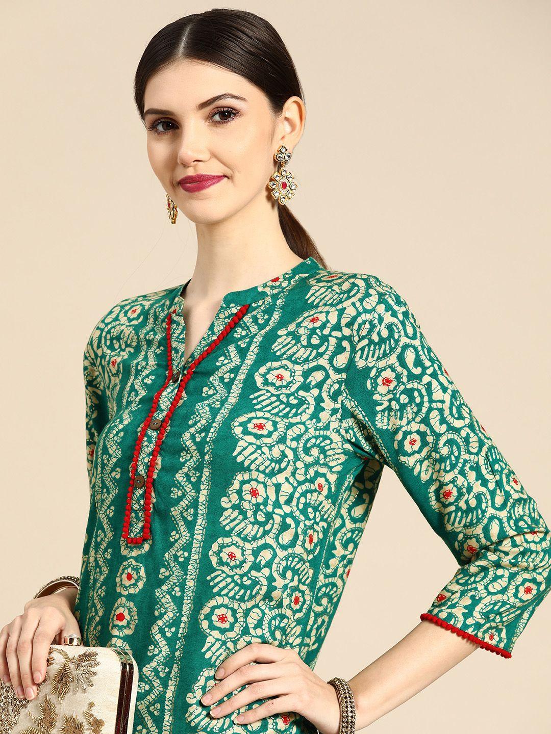 anouk women green & off white ethnic motifs printed kurta