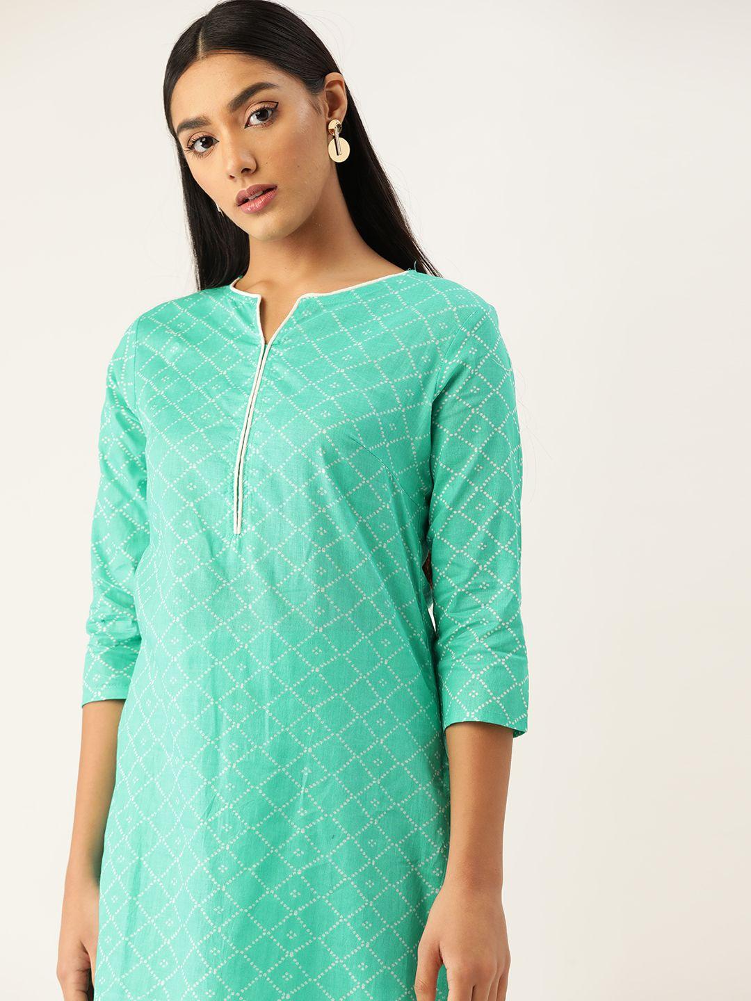 anouk women green & off white printed pure cotton kurta with palazzos
