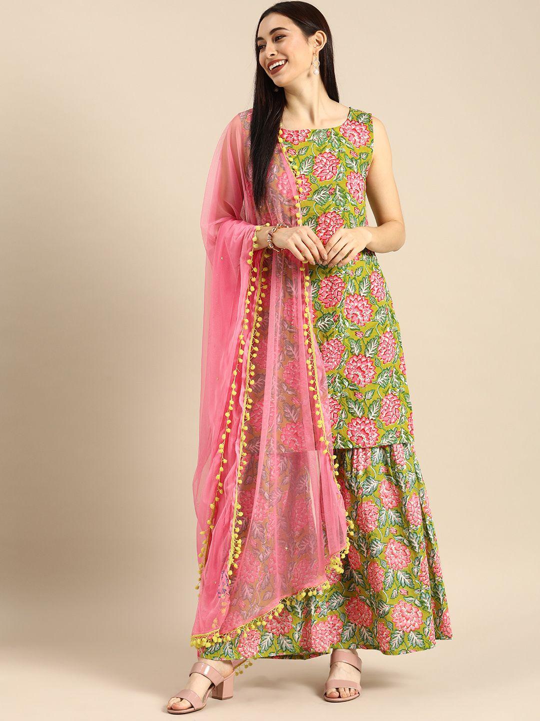 anouk women green & pink floral printed kurta with sharara & dupatta