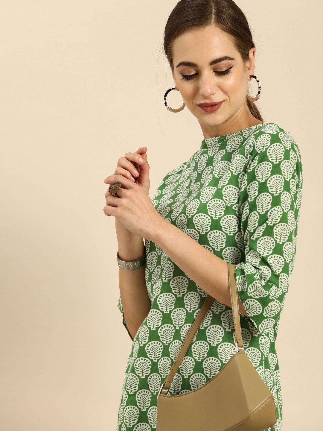 anouk women green & white ethnic motifs printed bell sleeves kurta