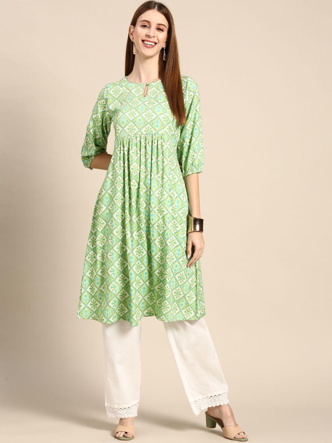 anouk women green & white ethnic motifs printed kurta