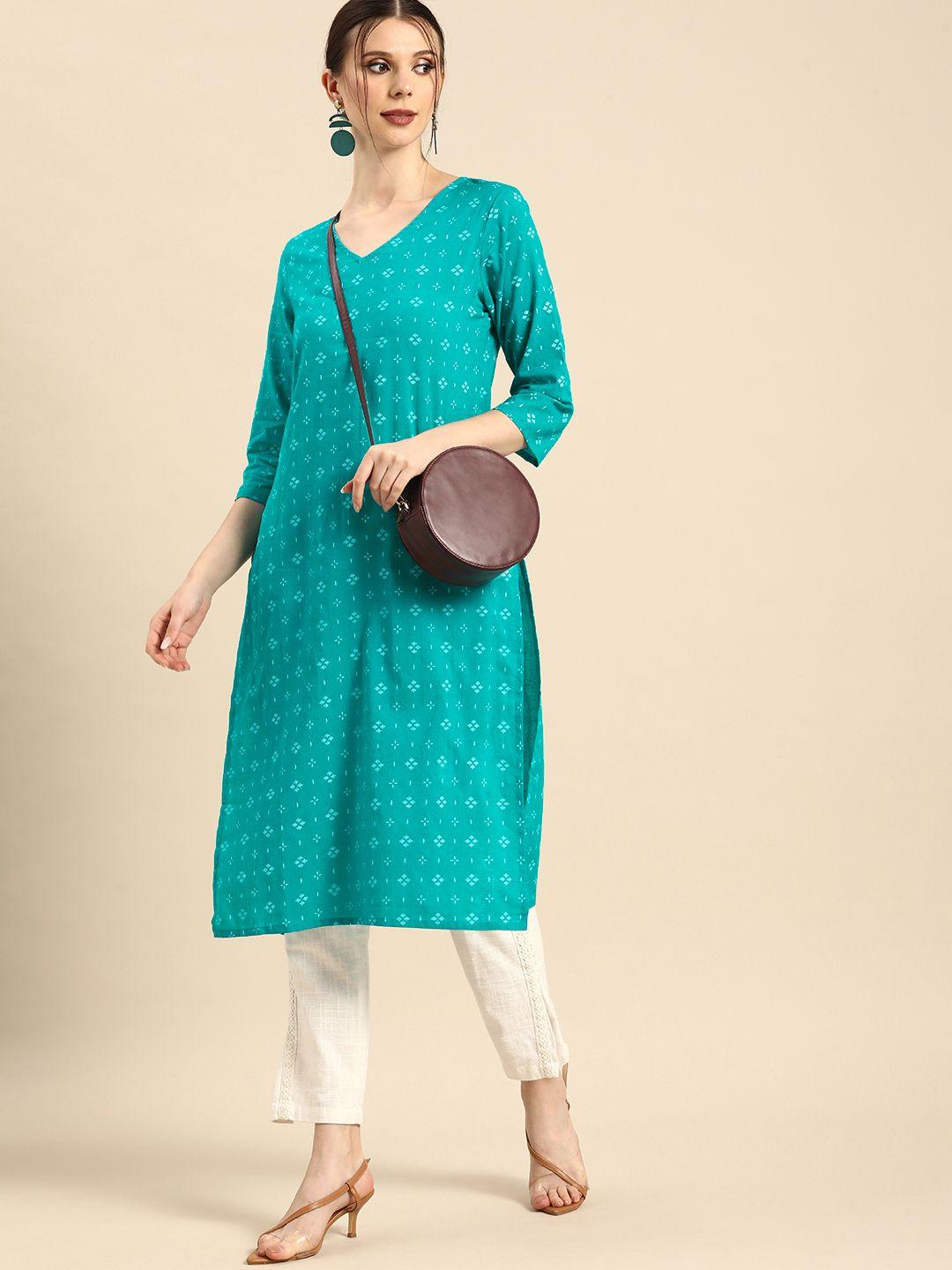 anouk women green & white ethnic motifs printed pure cotton  kurta