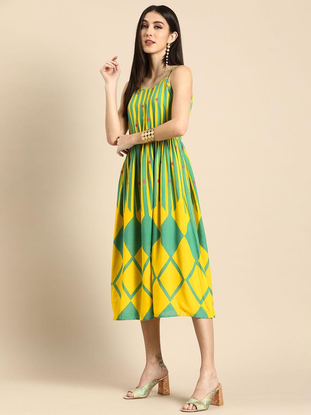 anouk women green & yellow geometric printed strap shoulder midi dress