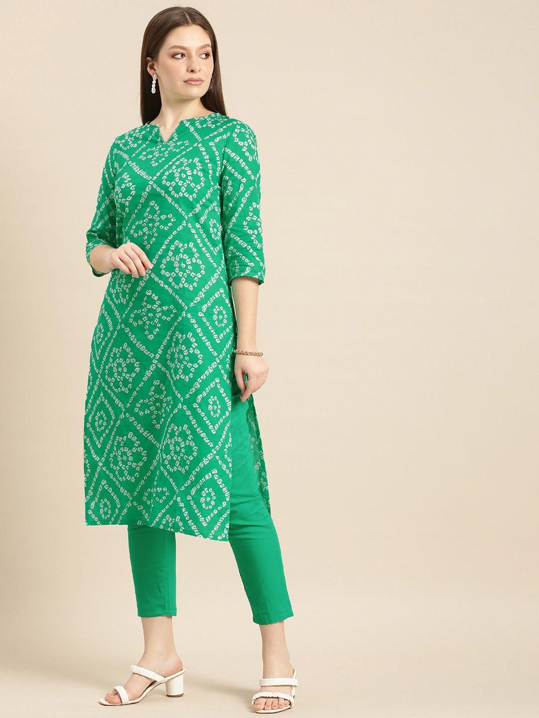 anouk women green and white printed pure cotton kurta with trousers