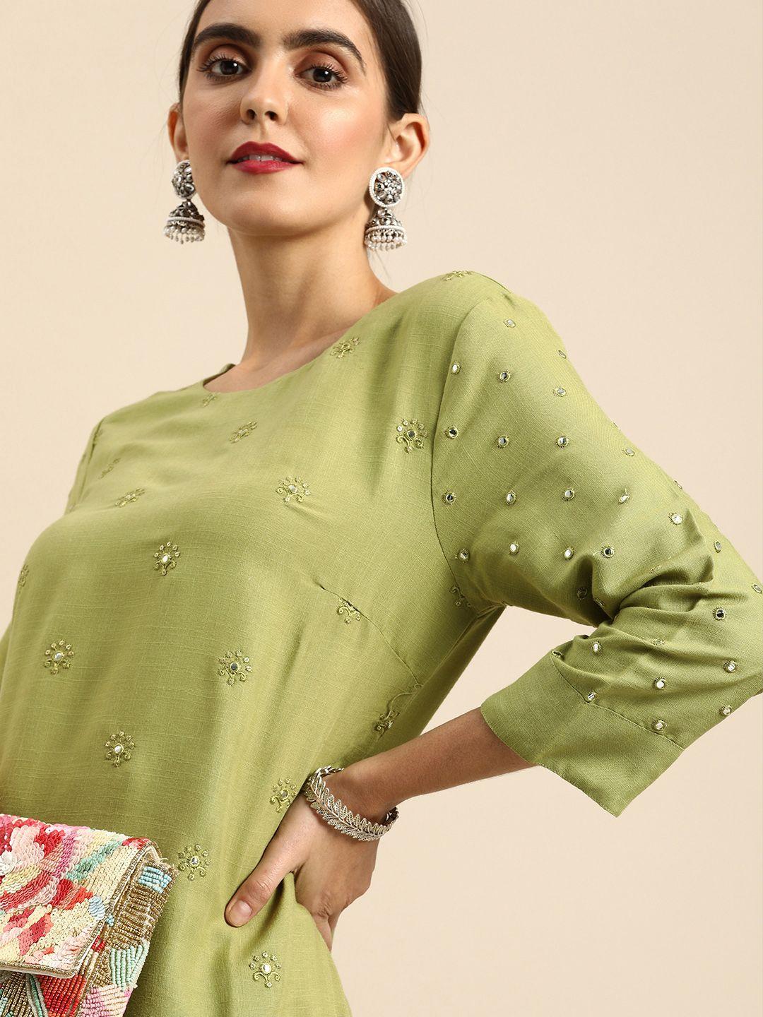 anouk women green embroidered kurta with trousers with mirror work