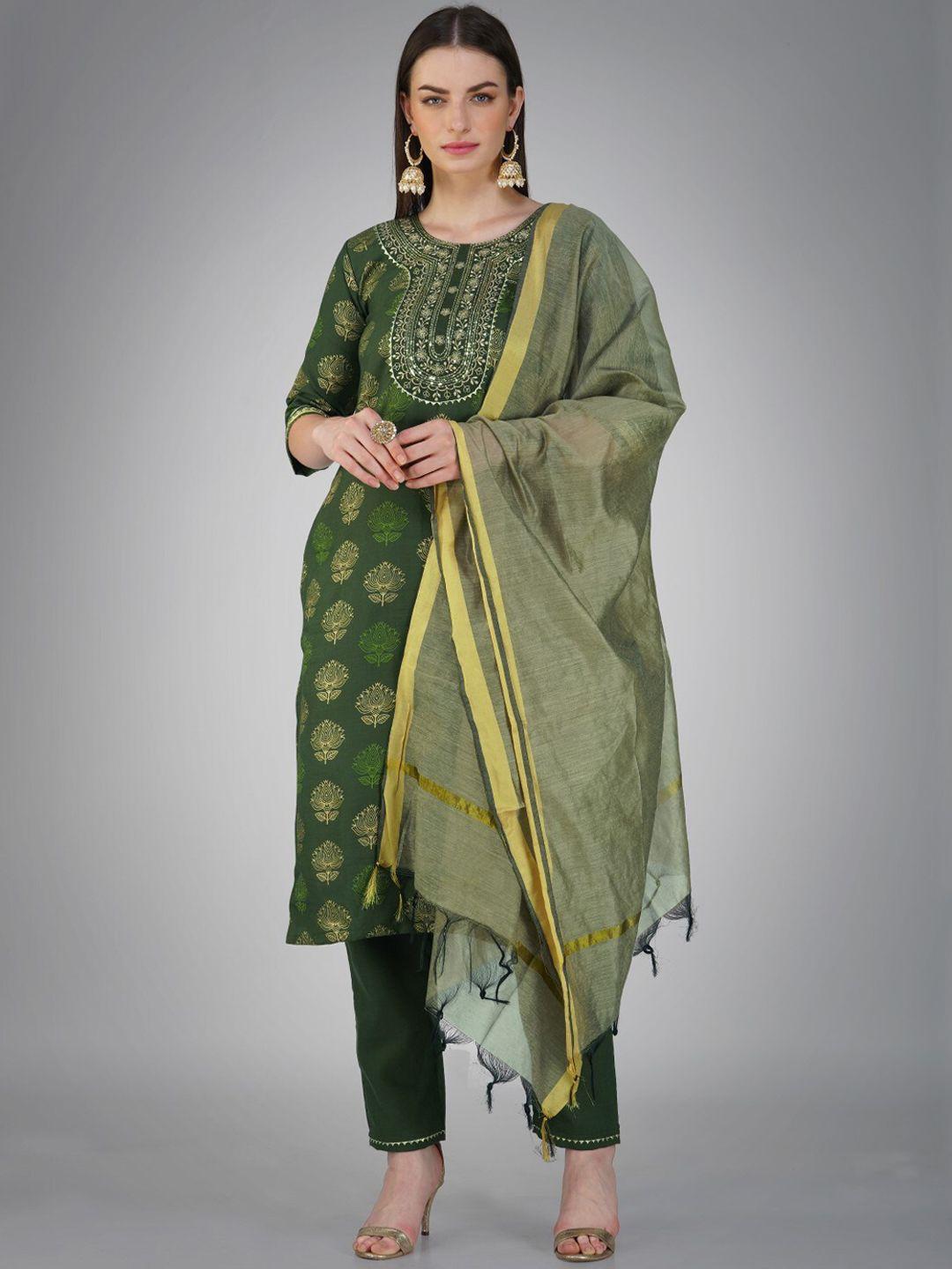 anouk women green embroidered regular sequinned kurta with trousers & with dupatta