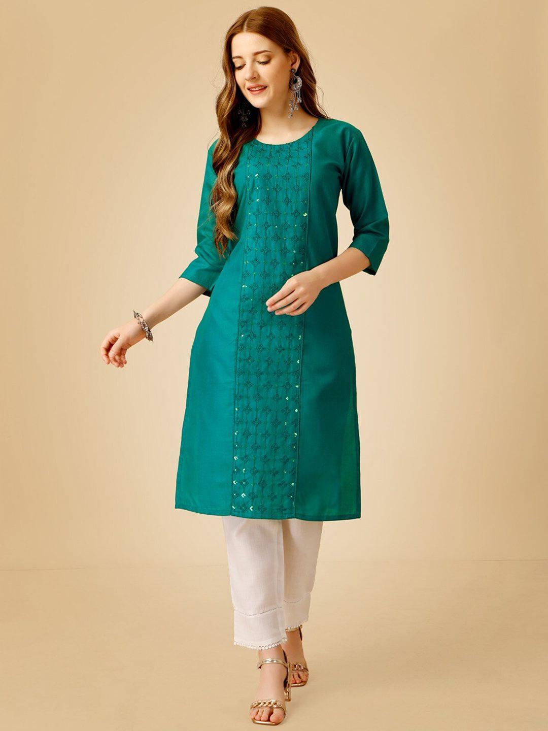 anouk women green embroidered regular sequinned kurti with trousers