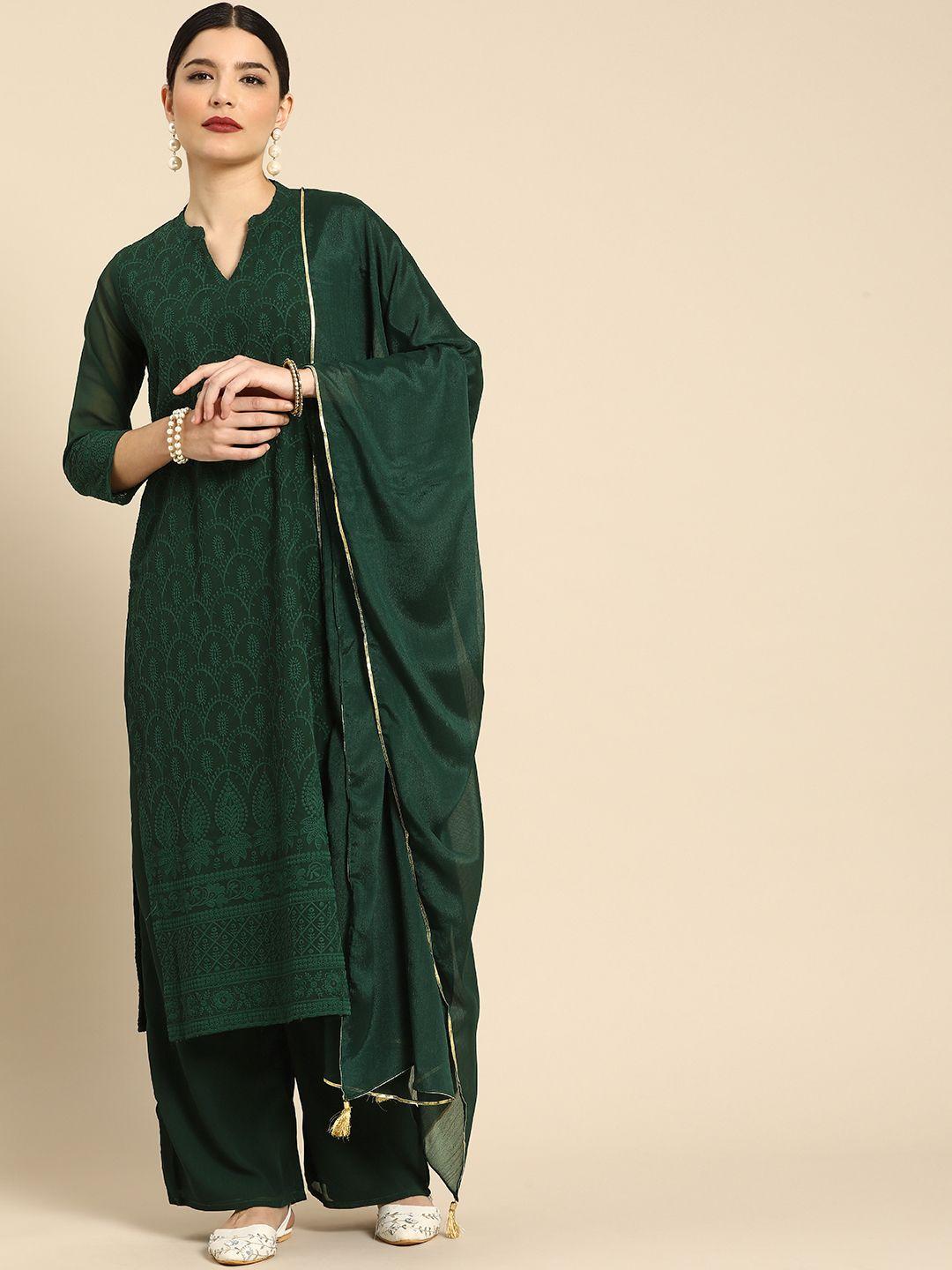 anouk women green ethnic motifs embroidered regular kurta with palazzos & with dupatta