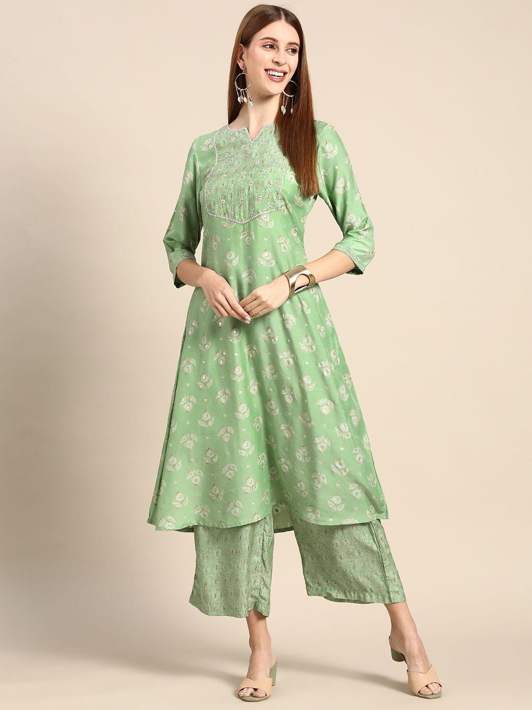 anouk women green ethnic motifs printed embroidered detail pure cotton kurta with palazzos