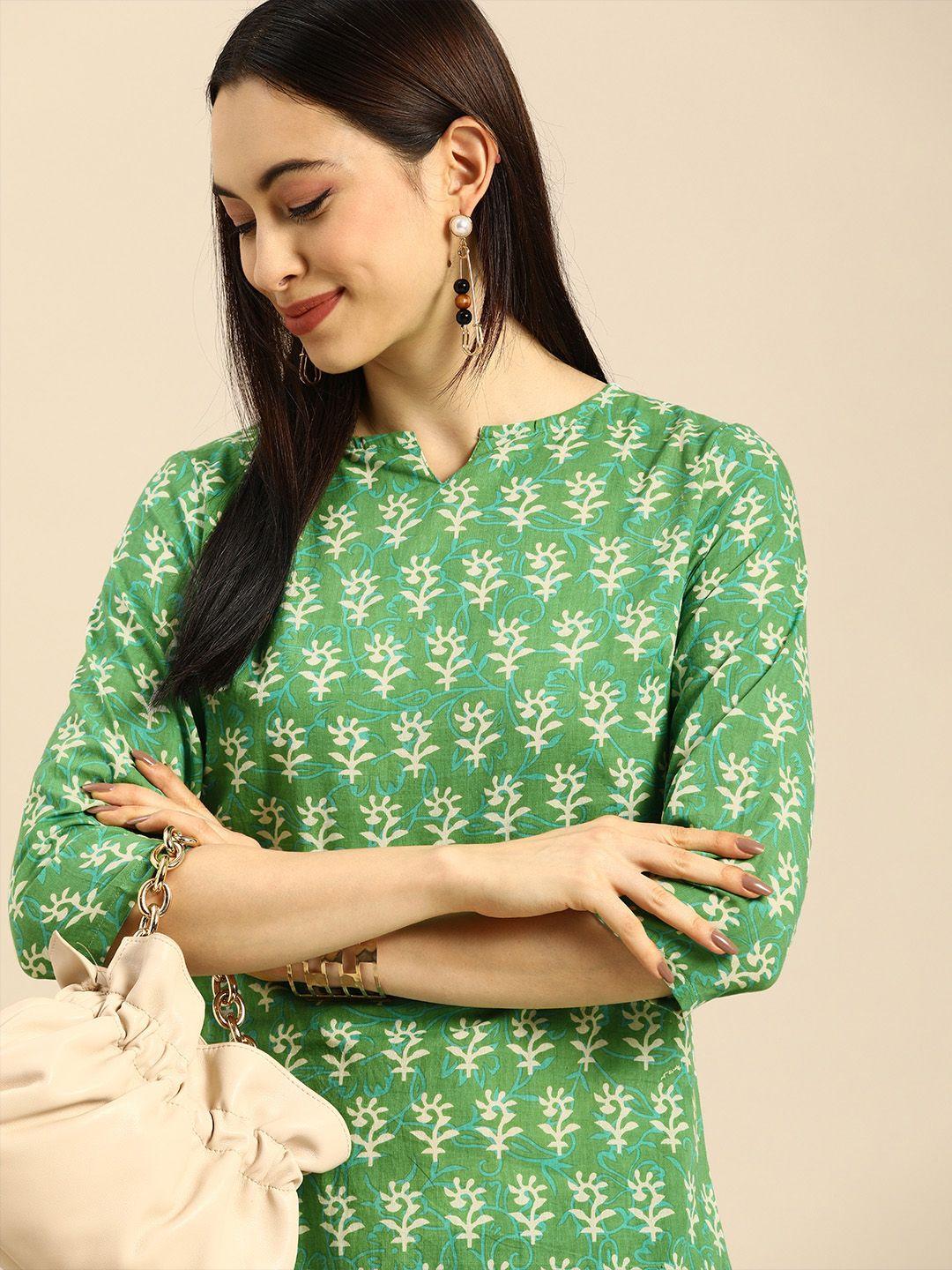 anouk women green ethnic motifs printed pure cotton kurta with trousers