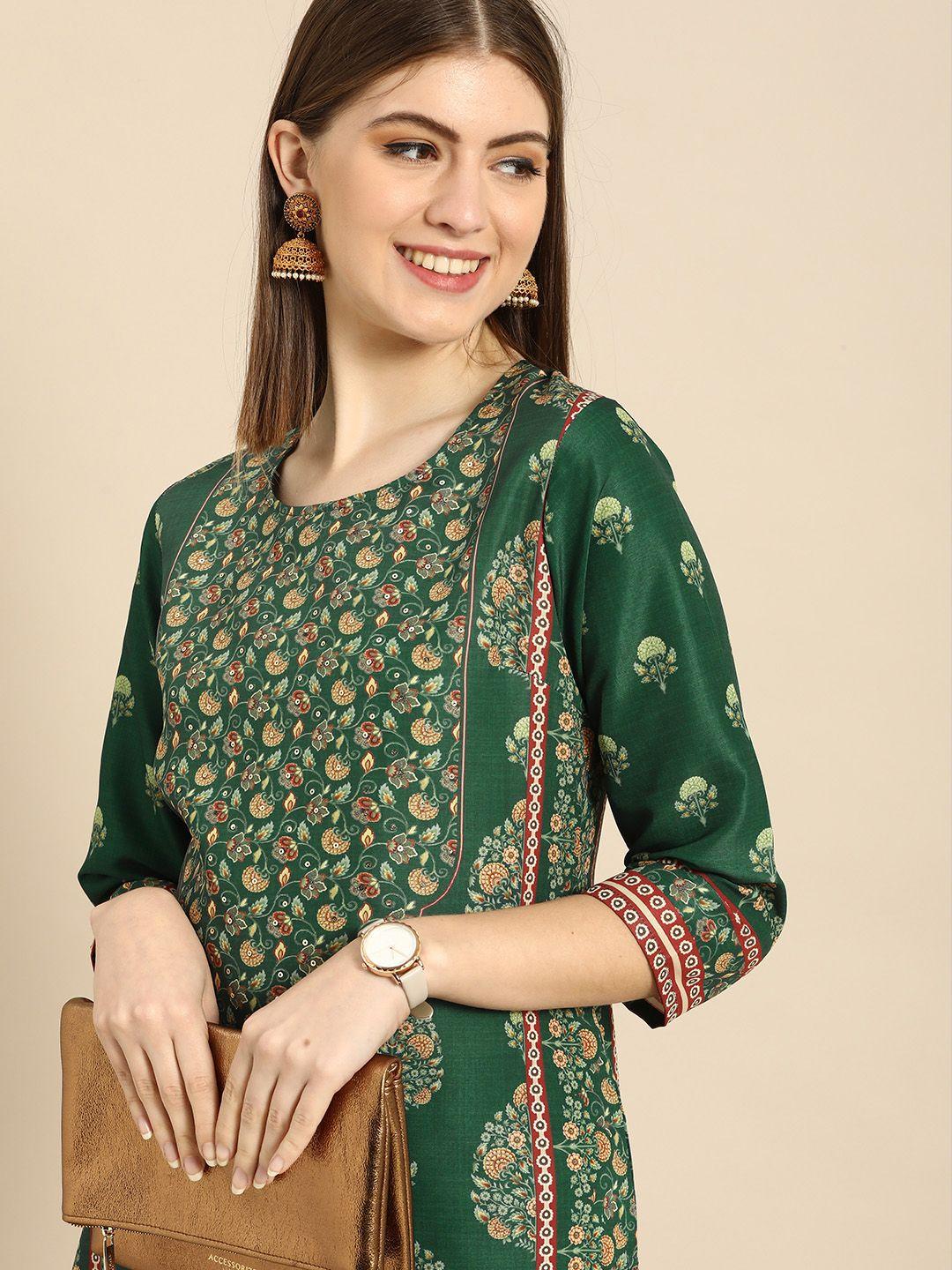 anouk women green ethnic motifs printed sequinned kurta with palazzos
