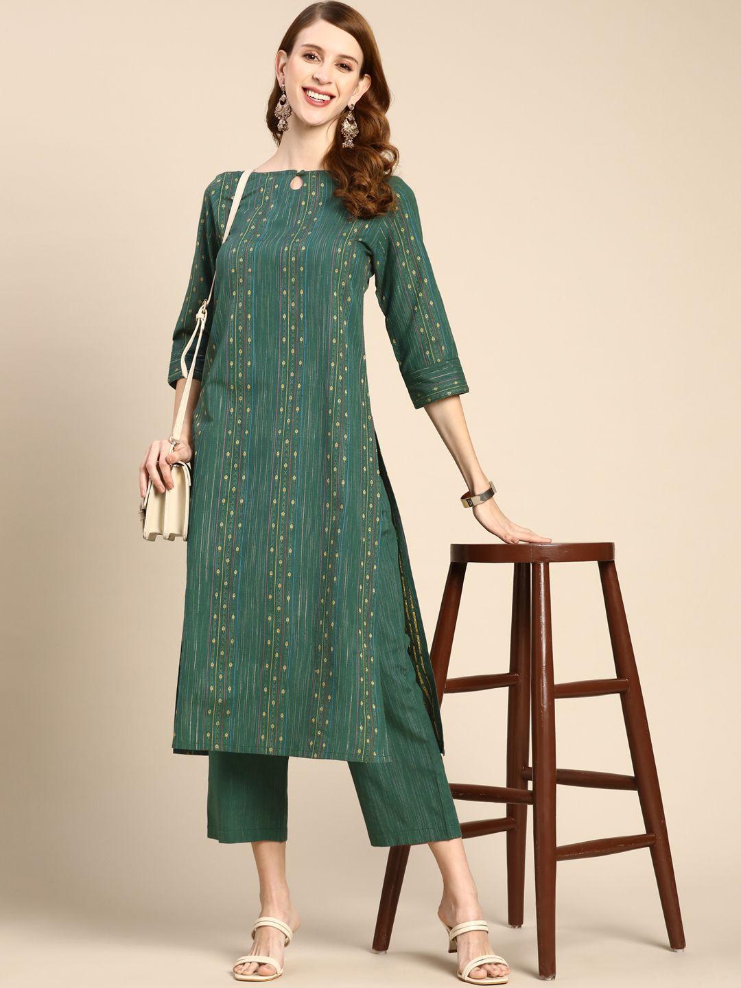 anouk women green ethnic motifs woven design pure cotton kurta with trousers