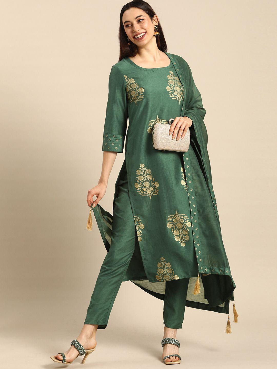 anouk women green floral printed regular kurta with trousers & with dupatta