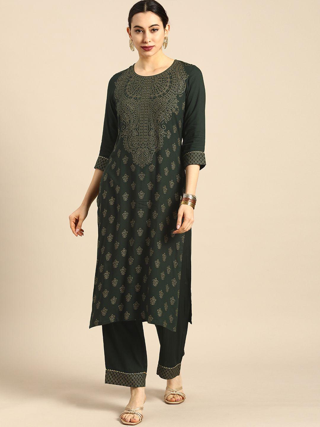 anouk women green paisley printed regular kurta with trousers