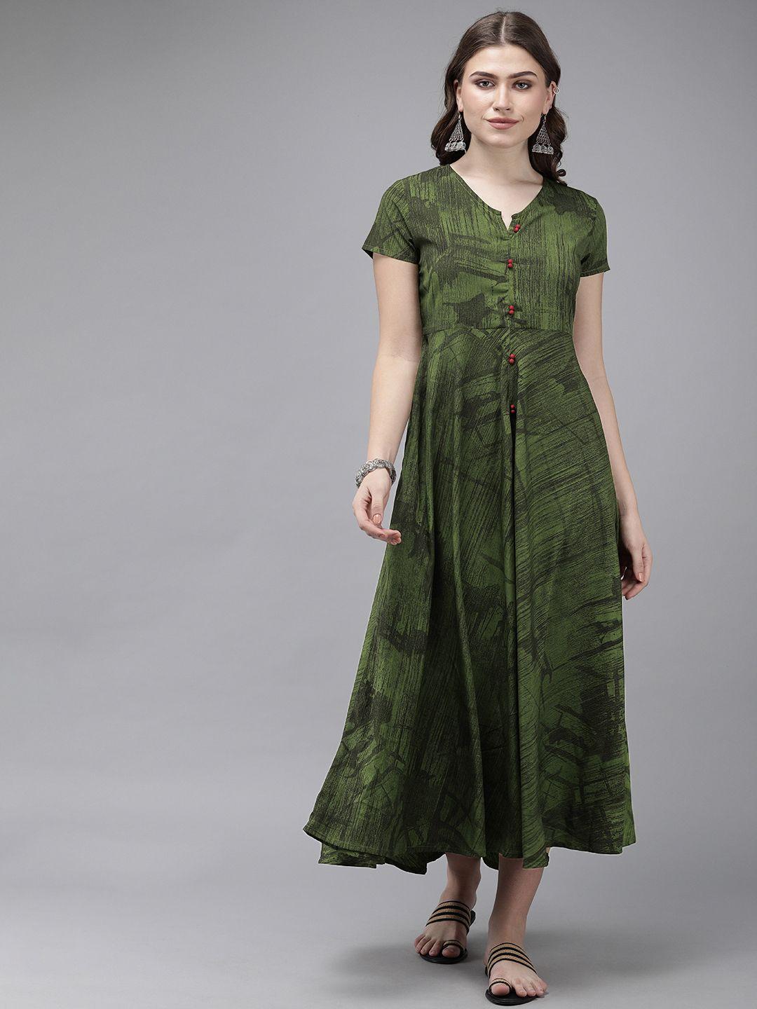 anouk women green printed fit and flare dress