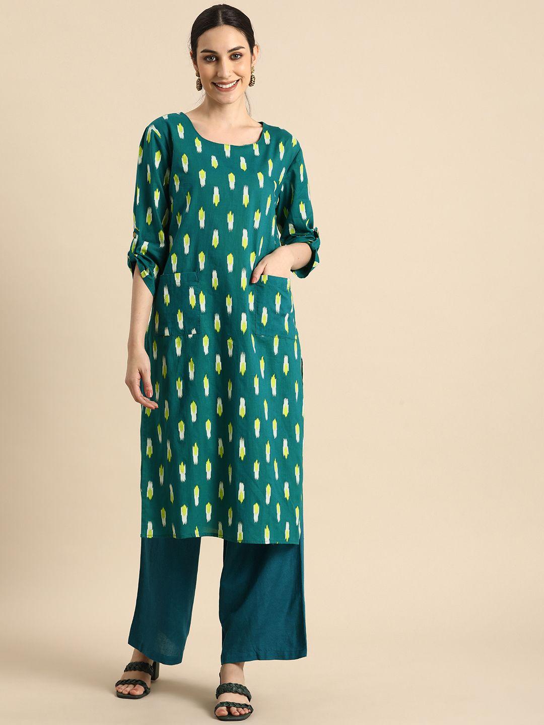 anouk women green printed kurta