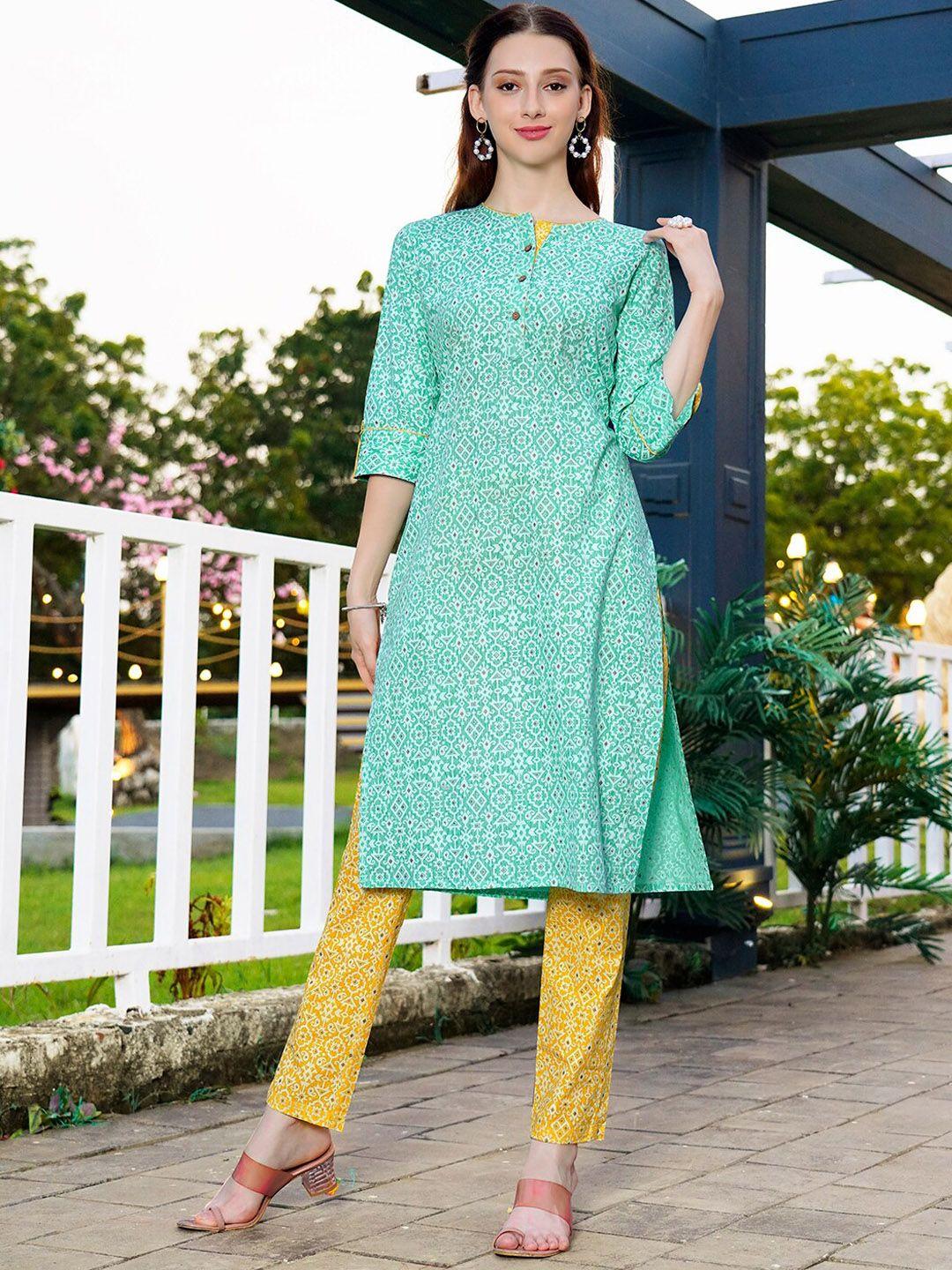 anouk women green printed regular pure cotton kurta with trousers
