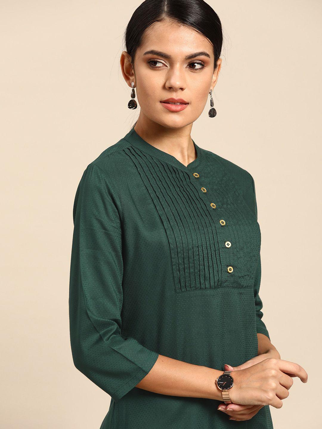 anouk women green solid band collar 3/4th sleeves straight kurta