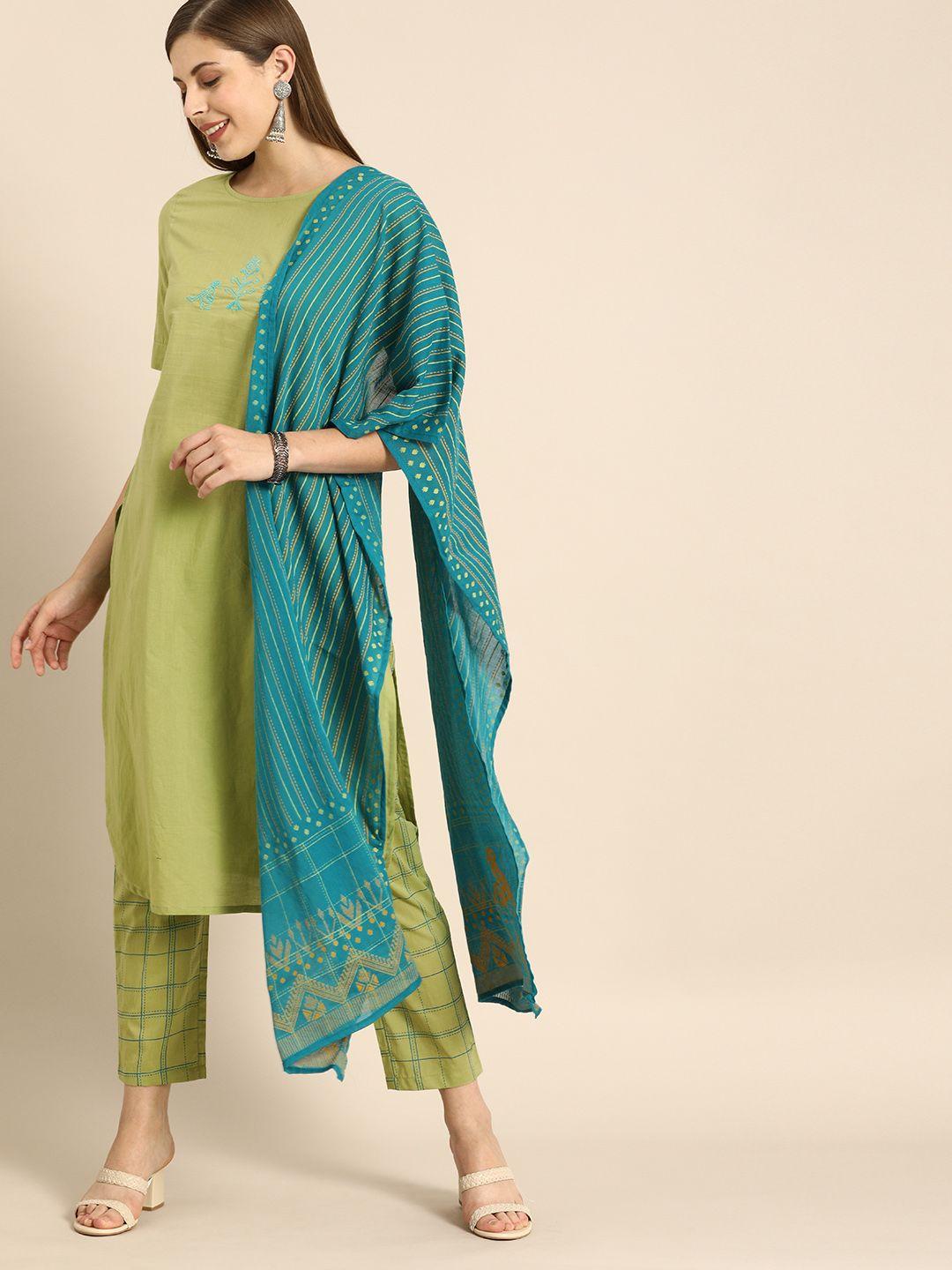 anouk women green solid embroidery detail kurta with trousers & dupatta