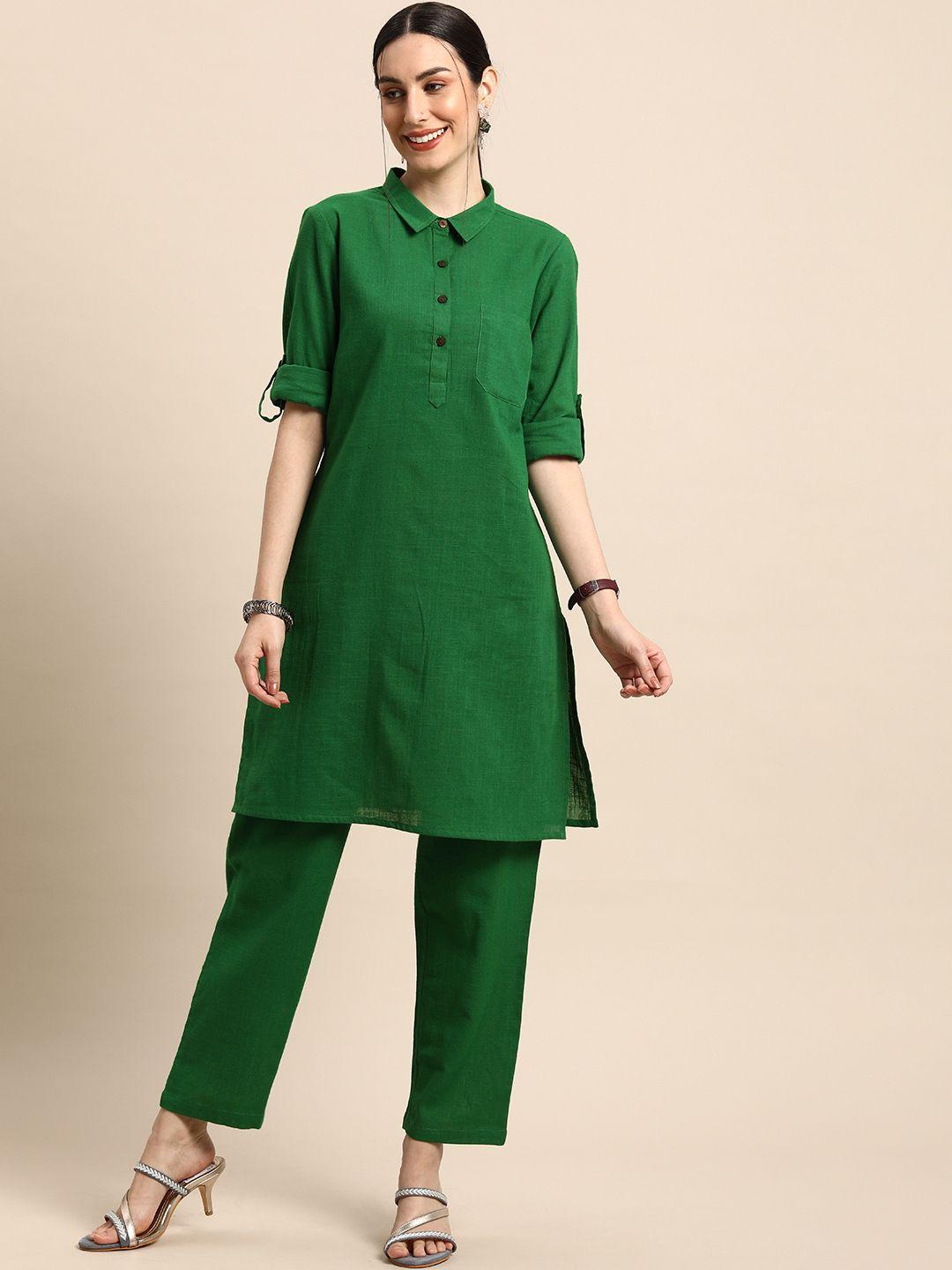 anouk women green solid straight kurta with trousers