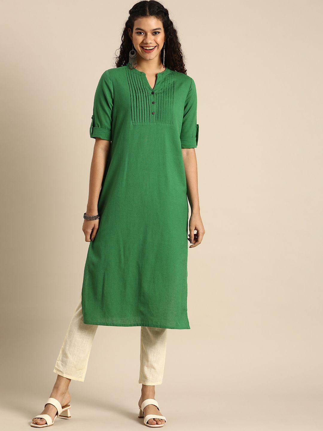 anouk women green solid v neck roll- up sleeves kurta with pleated yoke