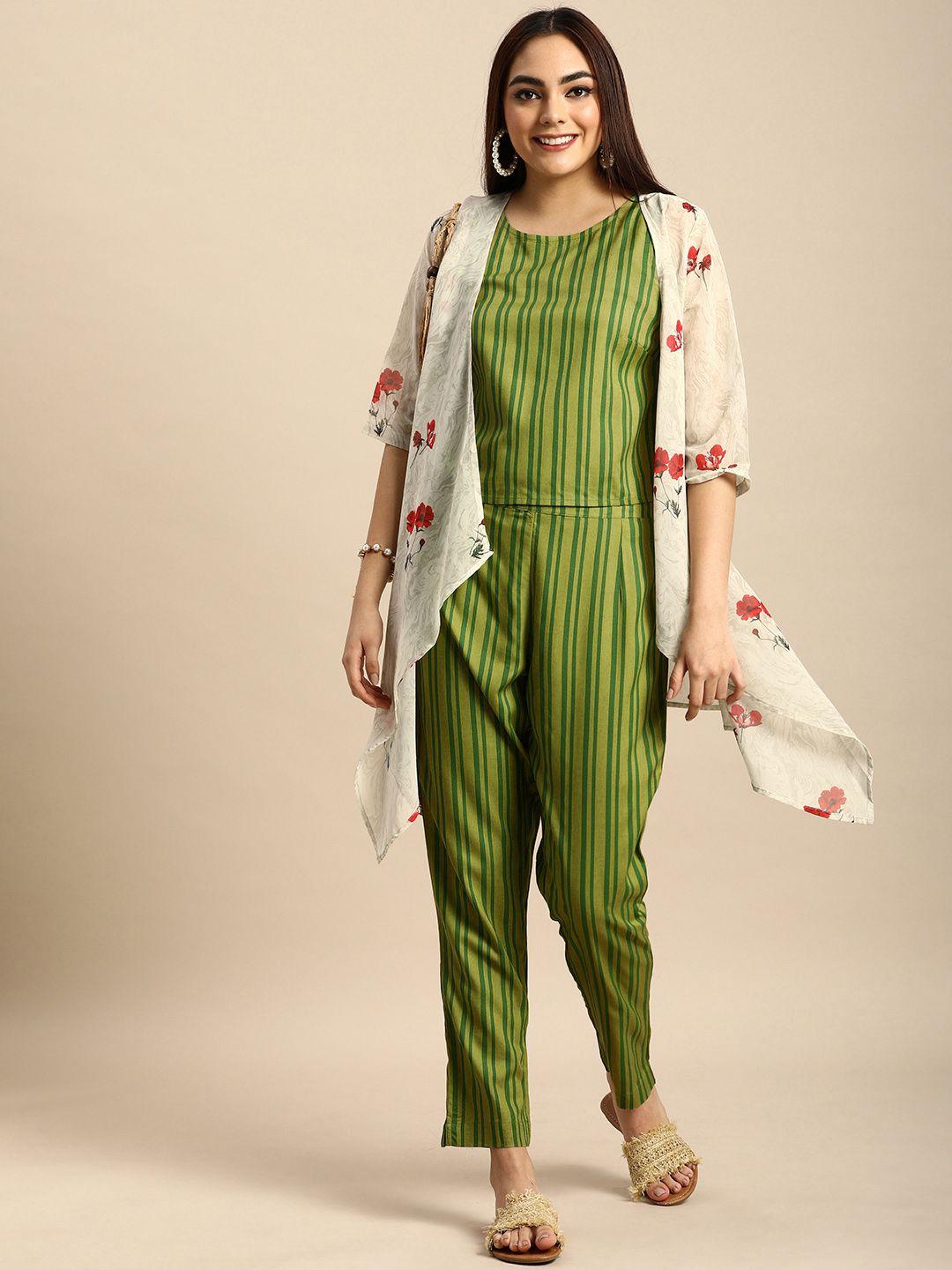 anouk women green striped top with trousers & shrug