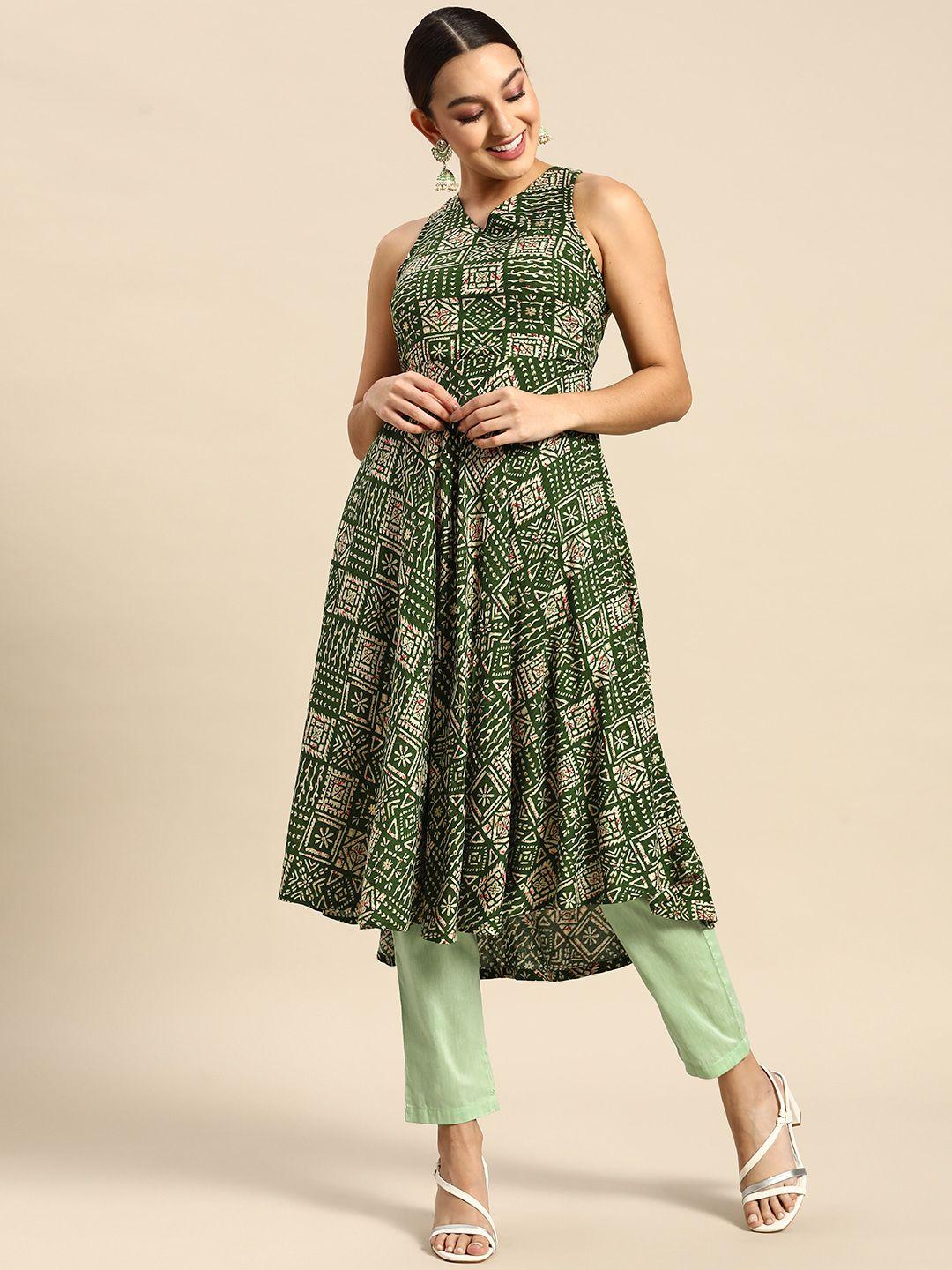 anouk women green tribal printed anarkali kurta