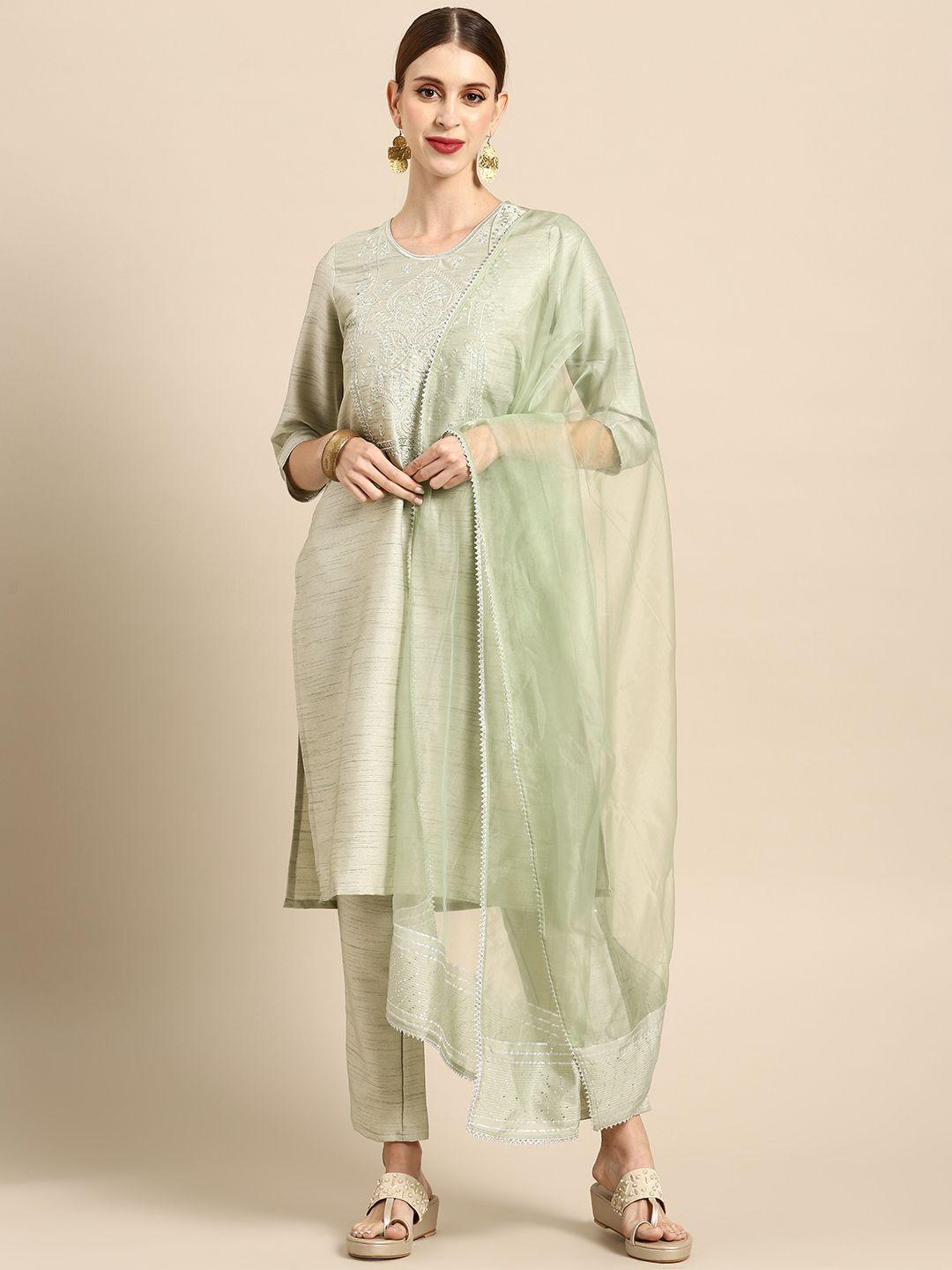 anouk women green yoke design mirror work kurta with trousers & dupatta