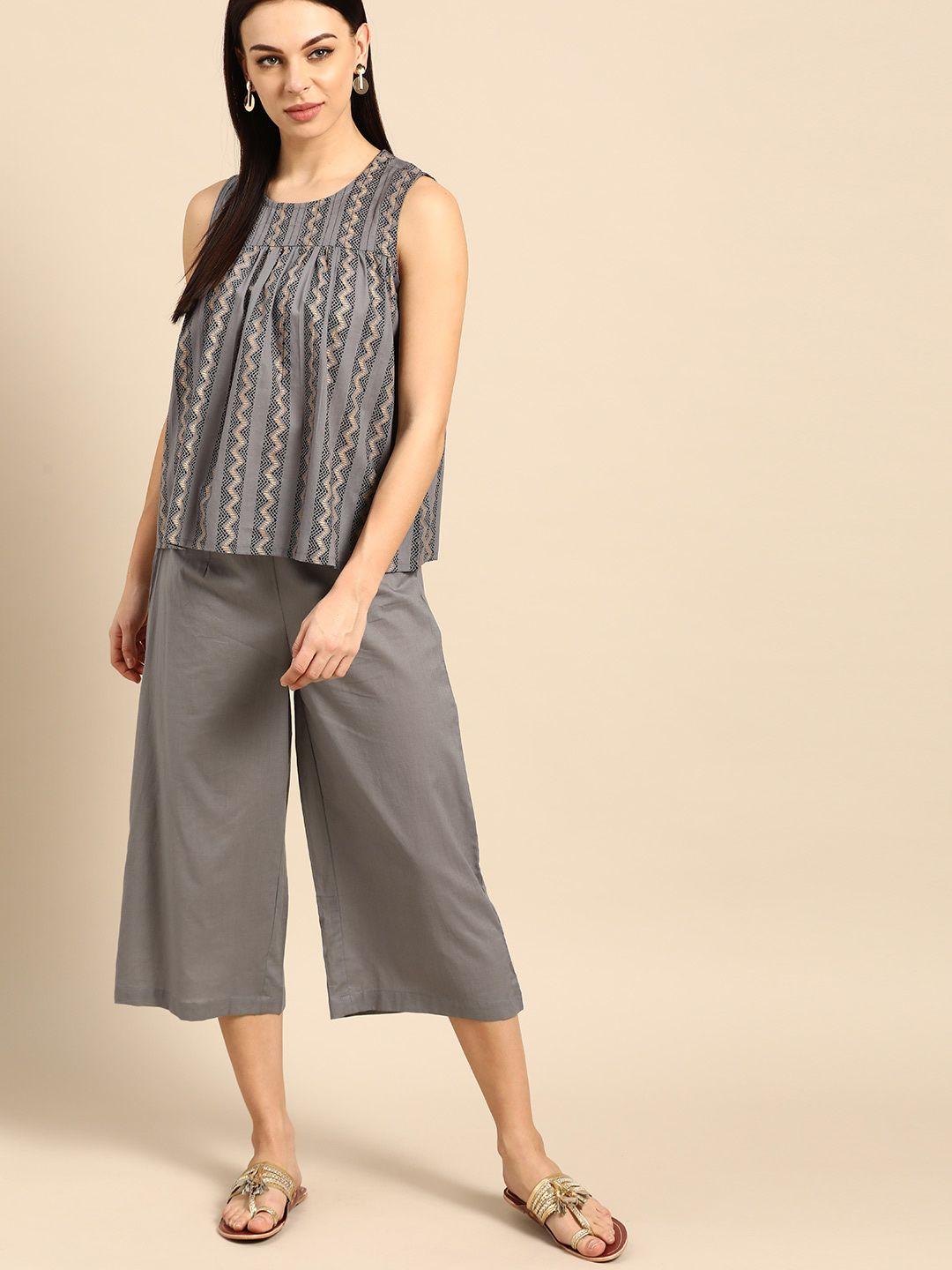 anouk women grey & black printed pure cotton top with palazzos