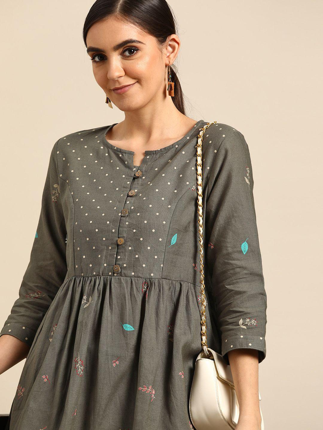 anouk women grey & pink pure cotton floral printed kurta