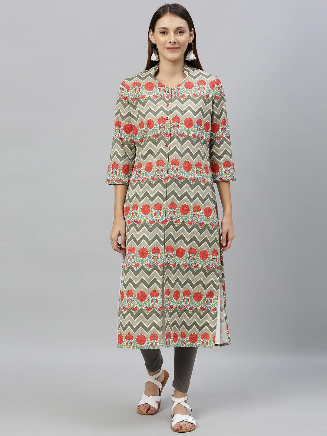 anouk women grey & white printed layered straight kurta