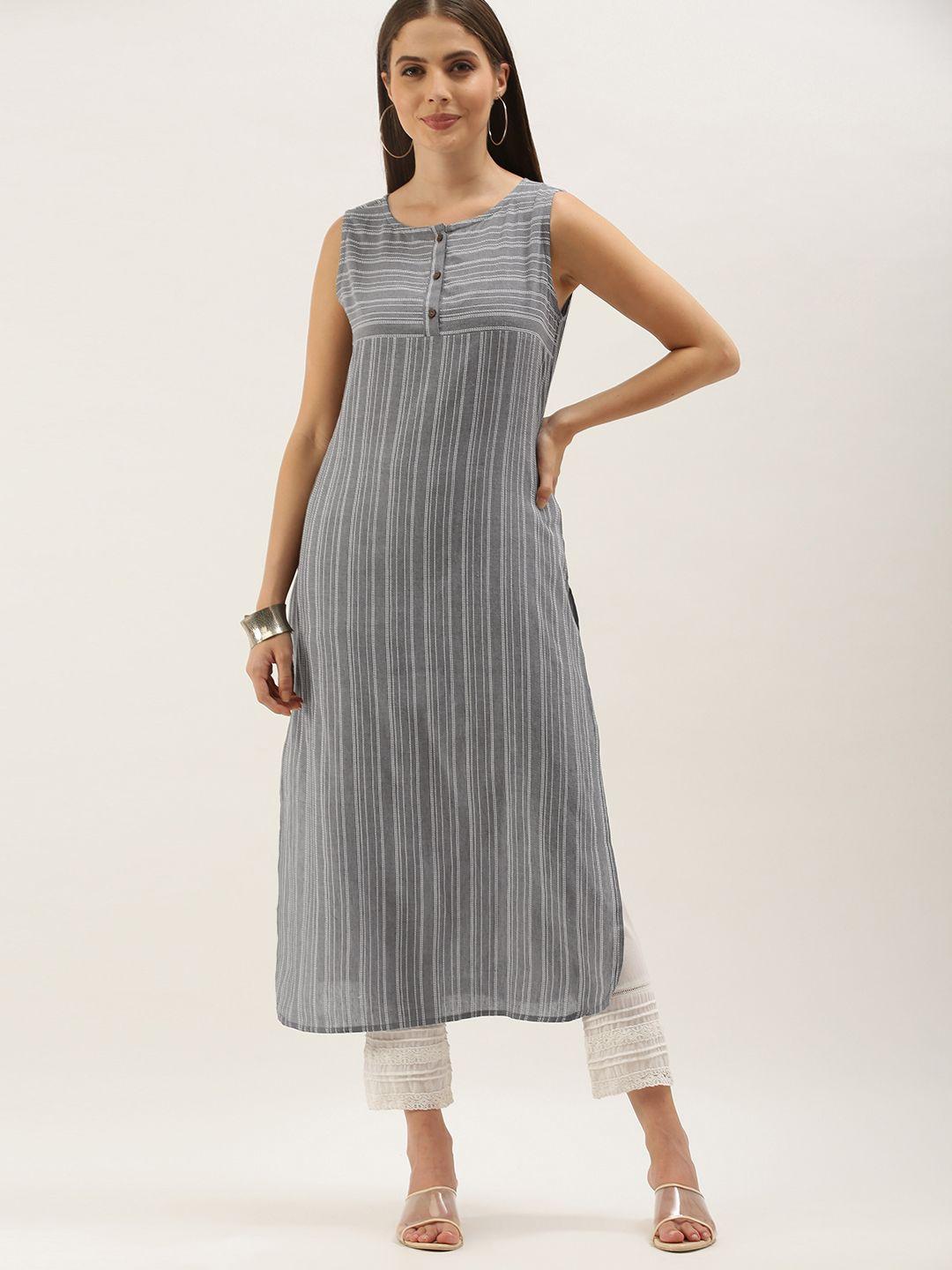 anouk women grey & white striped kurta