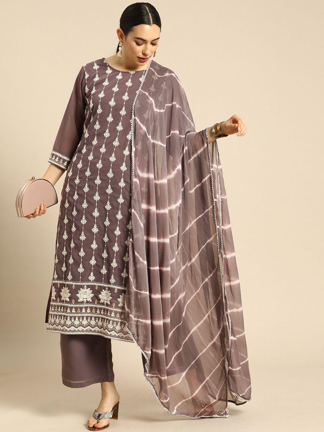 anouk women grey ethnic motifs embroidered sequinned kurta with palazzos & with dupatta
