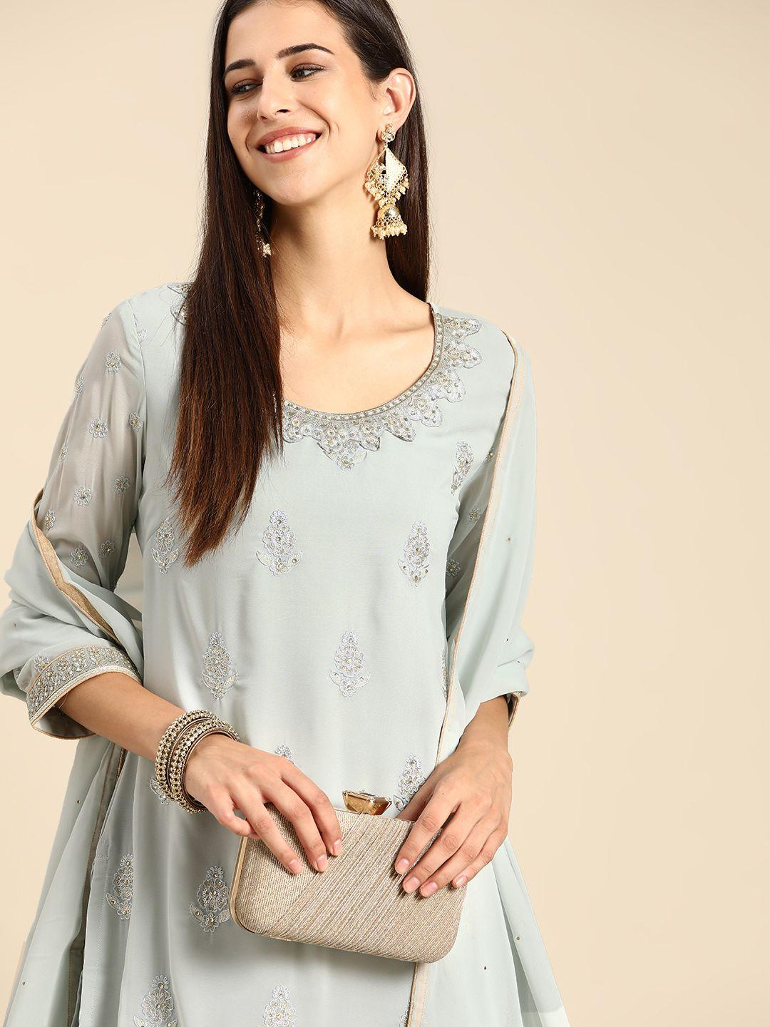 anouk women grey ethnic motifs pleated sequinned kurta with palazzos & with dupatta