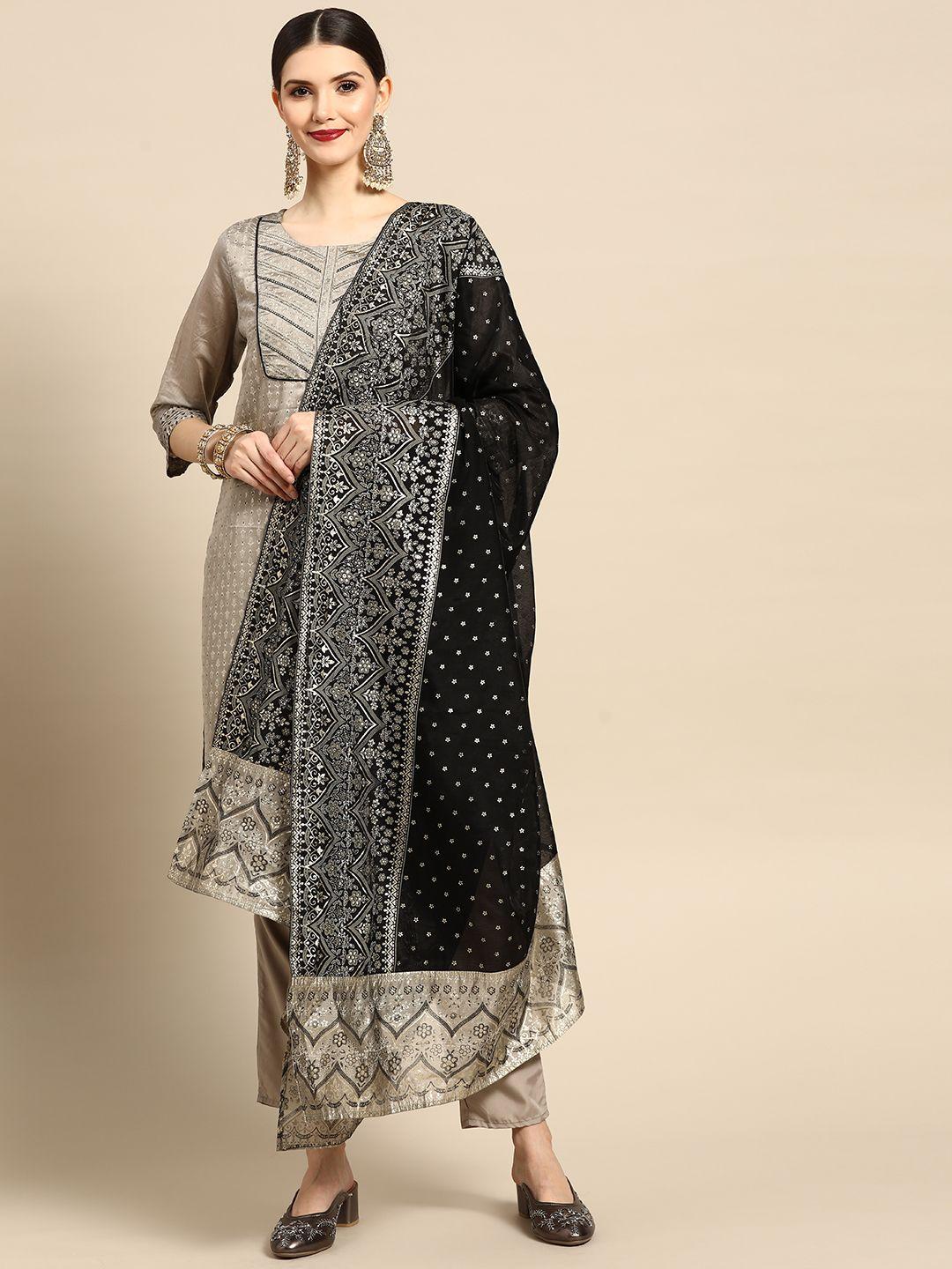 anouk women grey ethnic motifs printed kurta with trousers & with dupatta