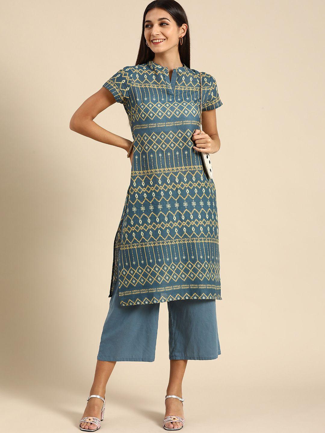anouk women grey ethnic motifs printed pure cotton kurta with palazzos