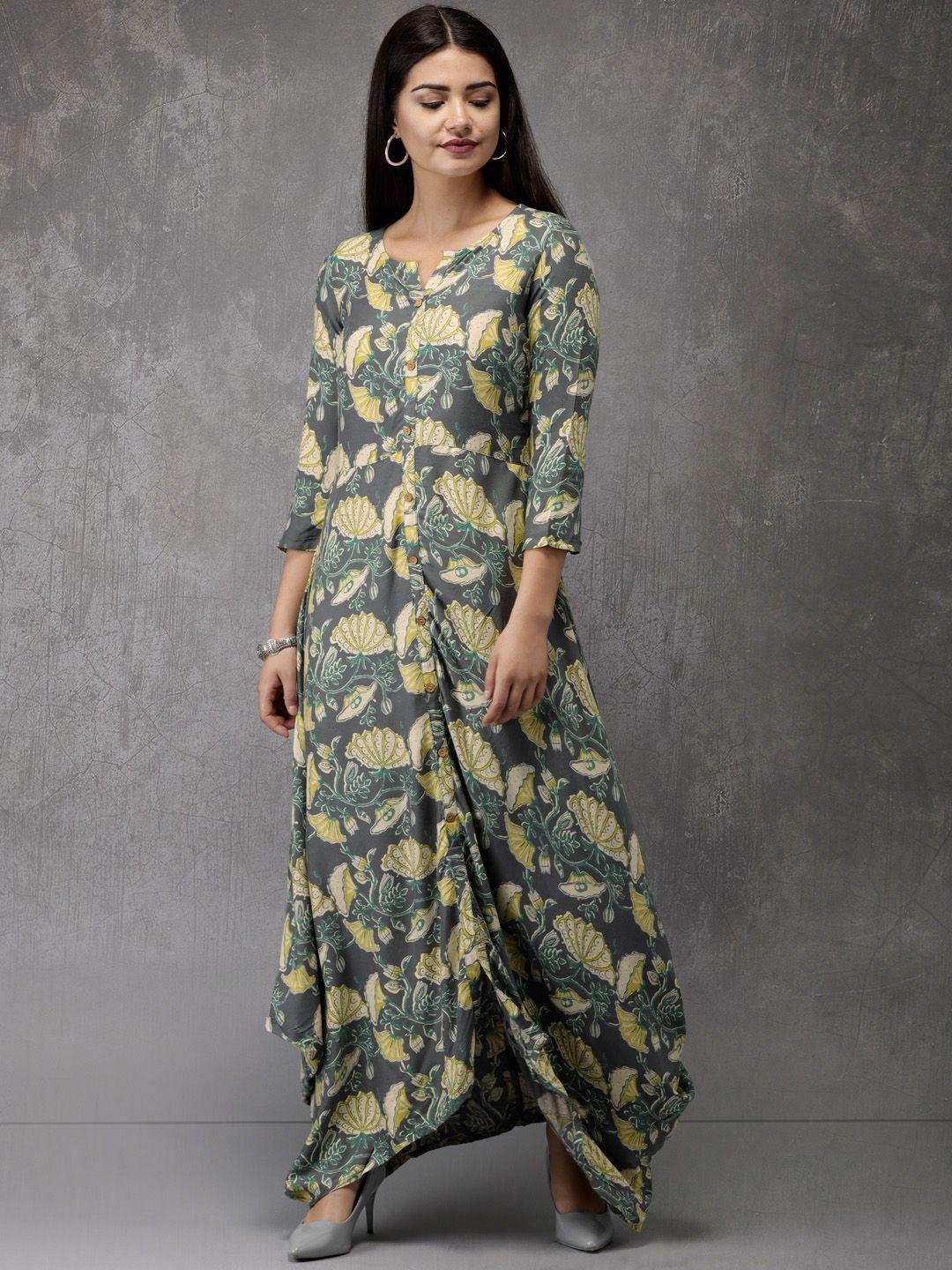 anouk women grey printed maxi dress