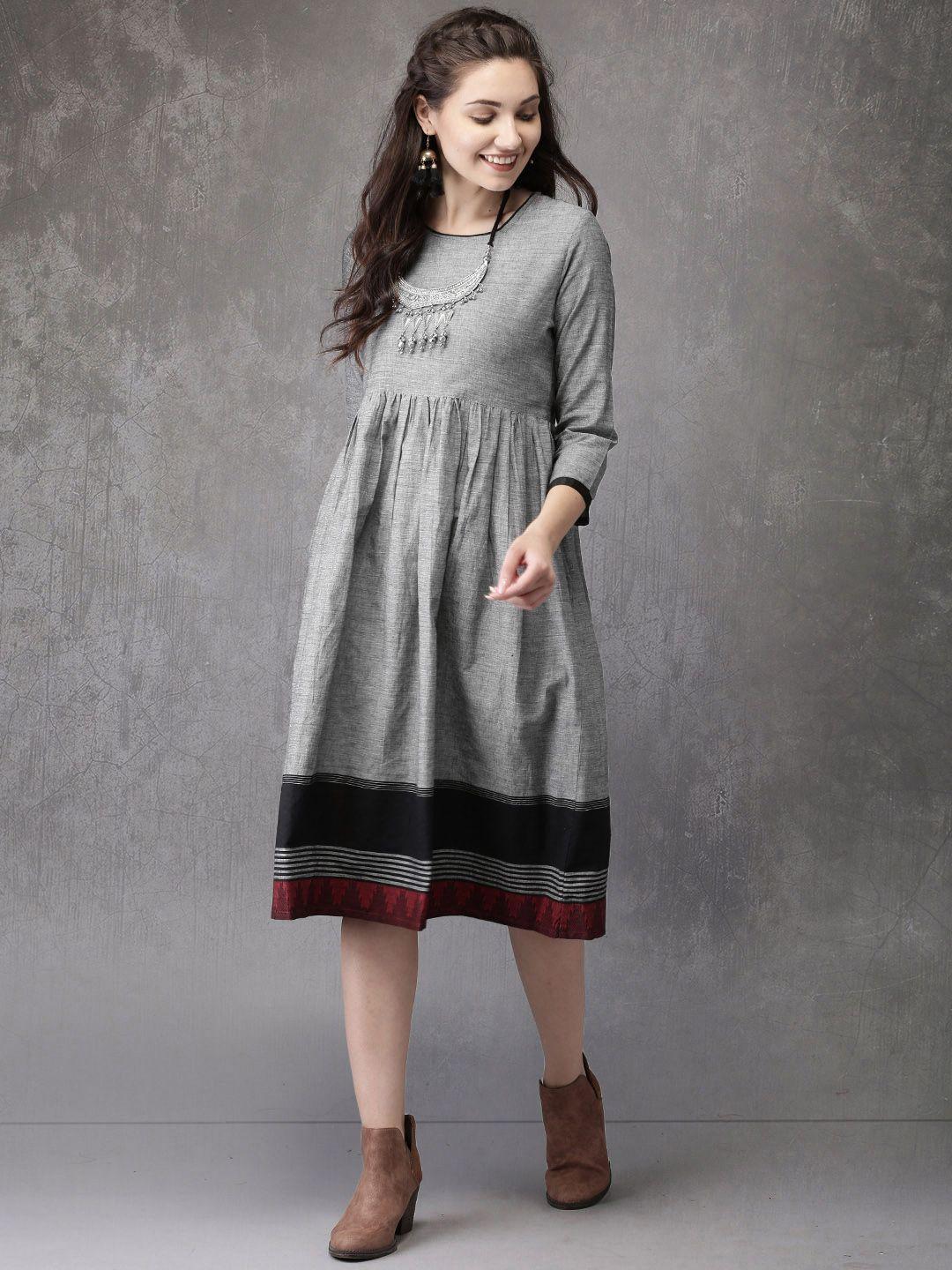 anouk women grey solid a-line dress