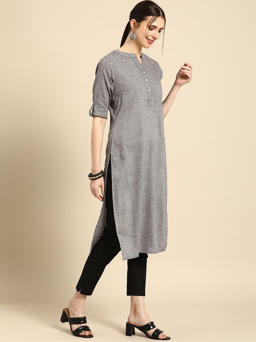 anouk women grey solid pure cotton kurta