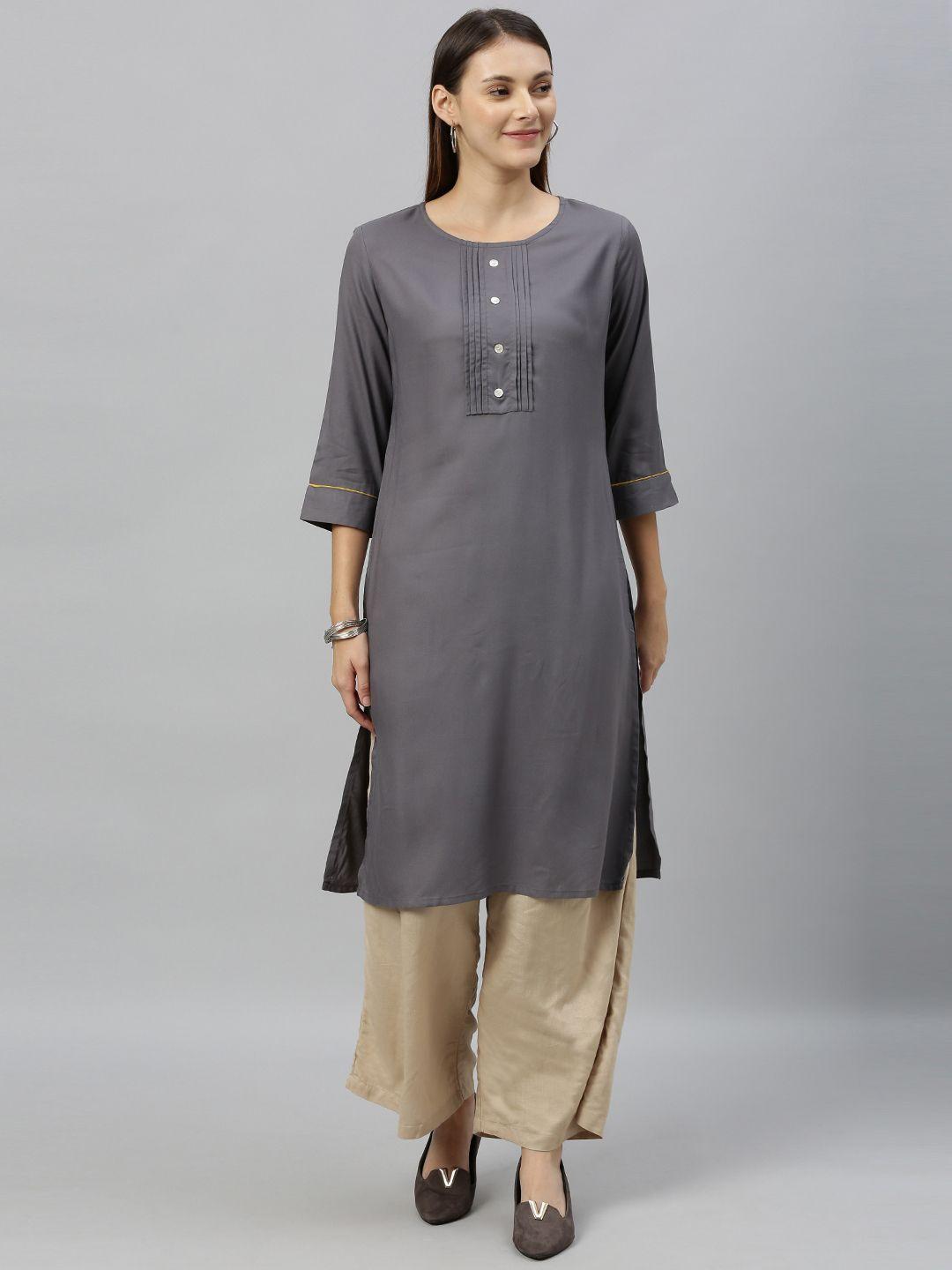 anouk women grey solid straight kurta