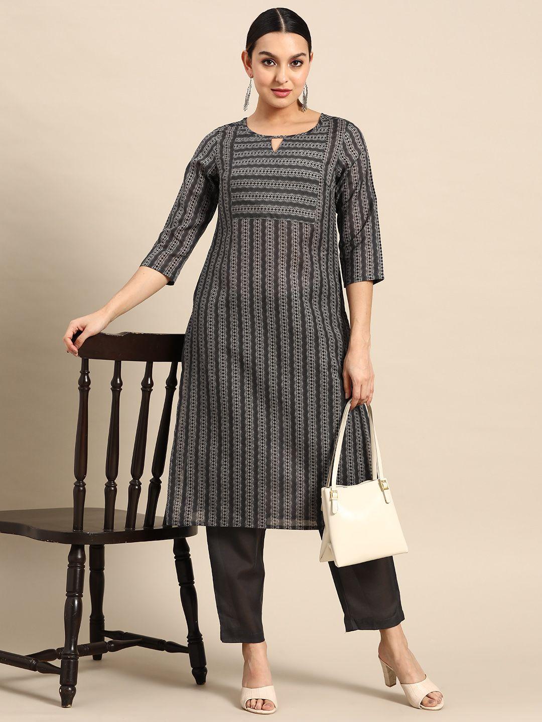 anouk women grey striped kurta with trousers