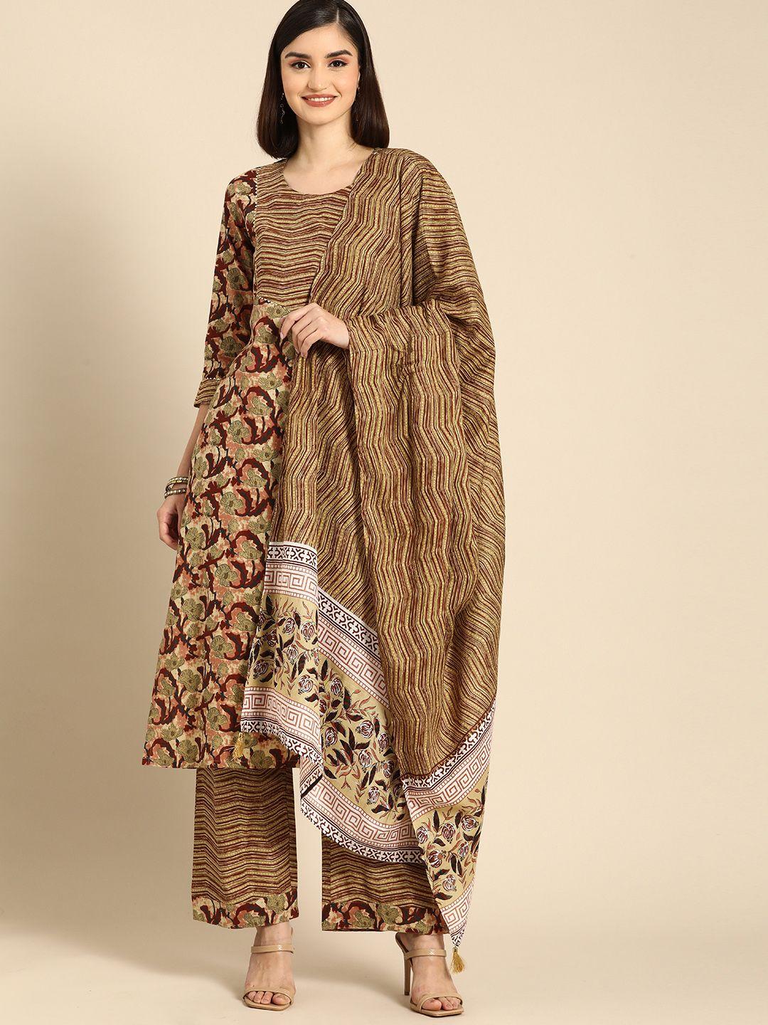 anouk women khaki & maroon printed regular pure cotton kurta with palazzos & dupatta