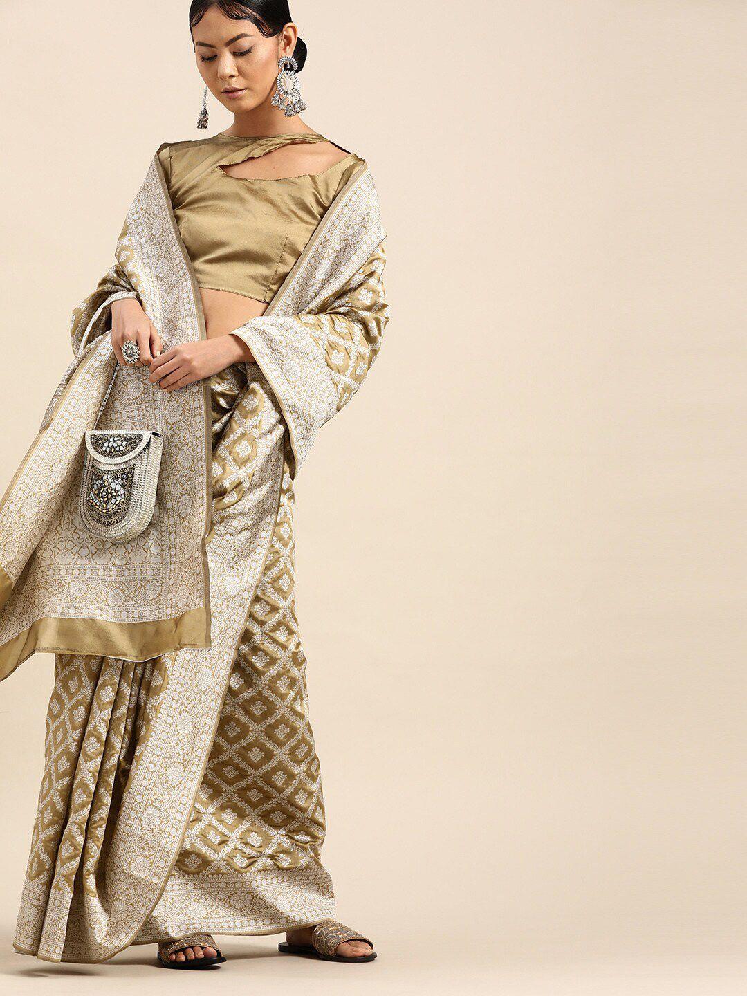 anouk women khaki & silver-toned ethnic motifs zari silk blend saree