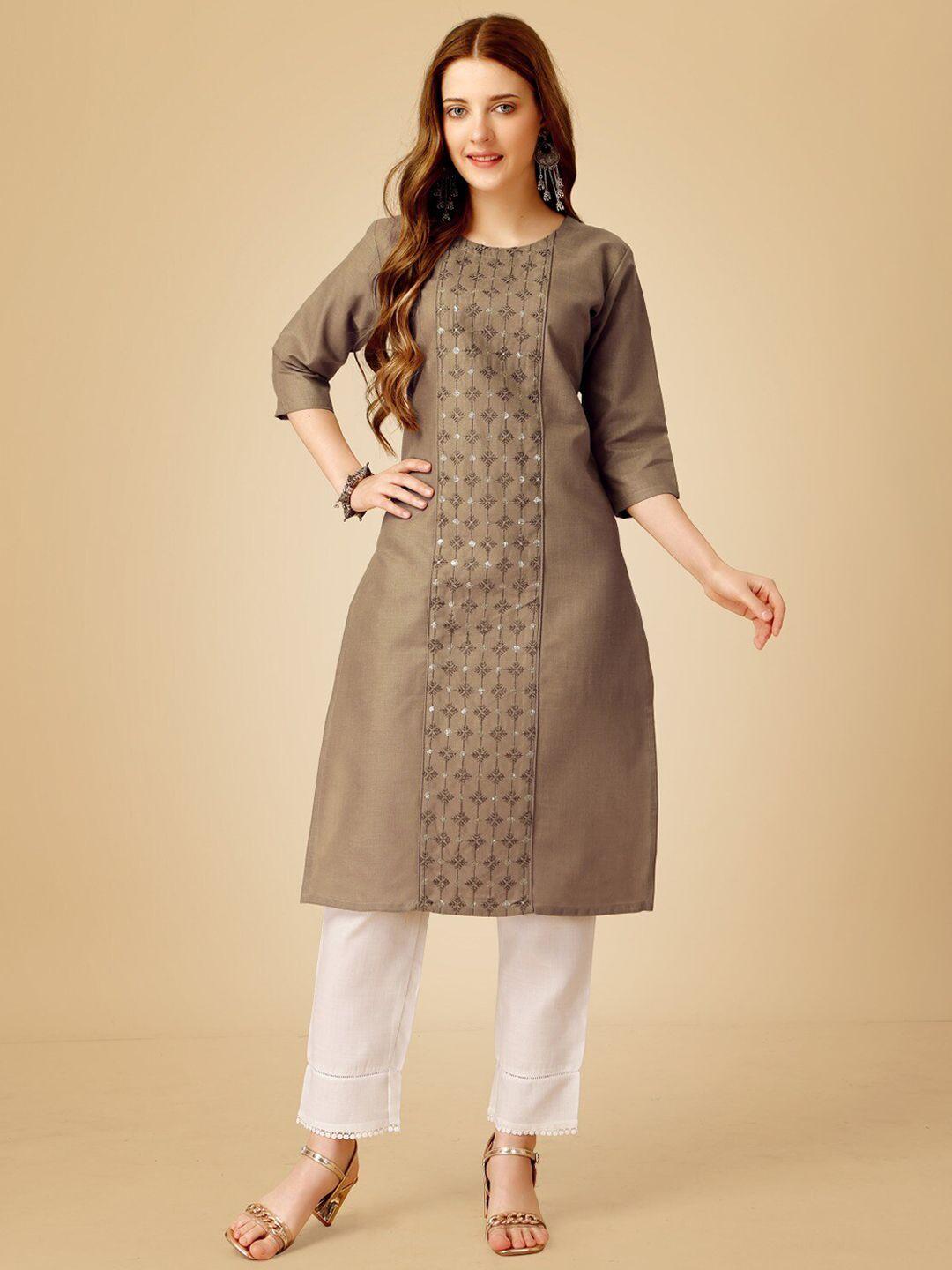 anouk women khaki embroidered regular sequinned kurti with trousers