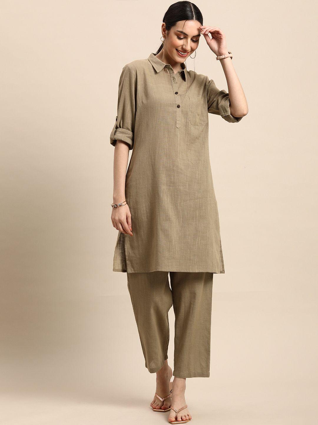 anouk women khaki solid straight kurta with trousers