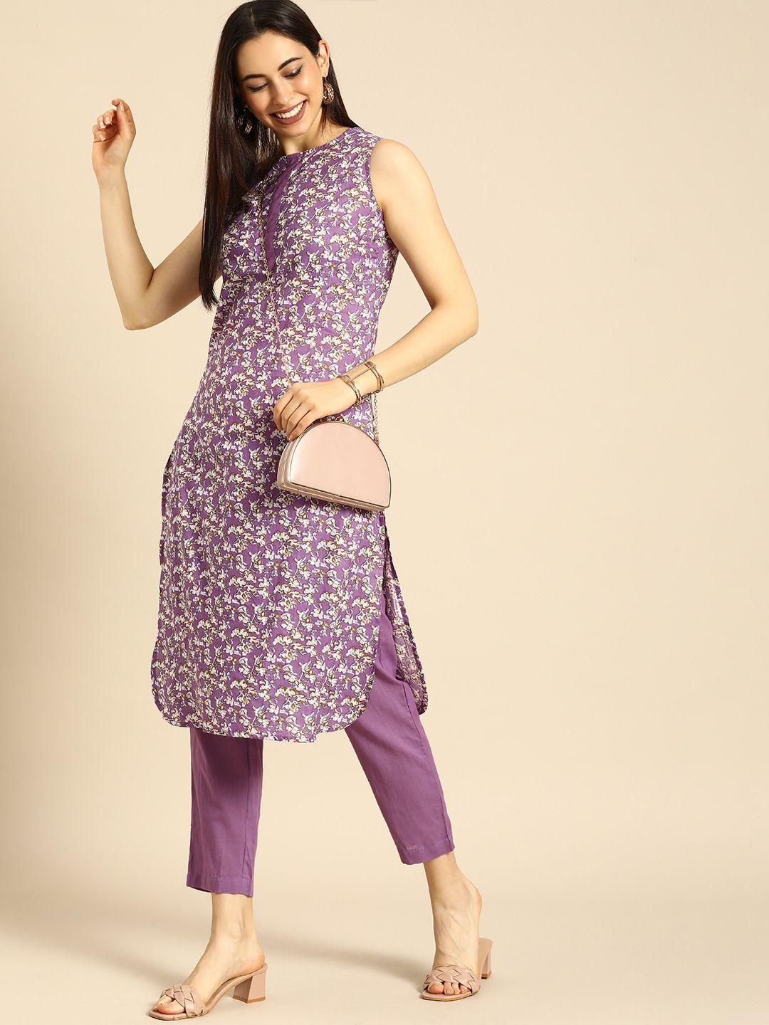 anouk women lavender floral printed regular pure cotton kurta with trousers